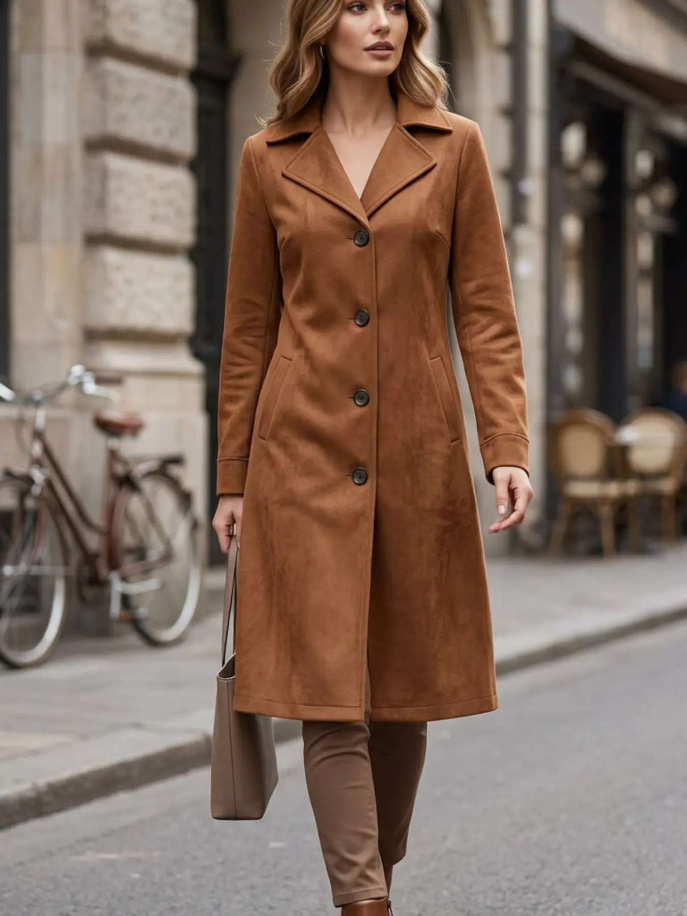 Women's Suede Coat, Elegant Vintage Design, Durable Material, Single Button Closure, Mid-Length, Perfect for Commute and Outdoor Use