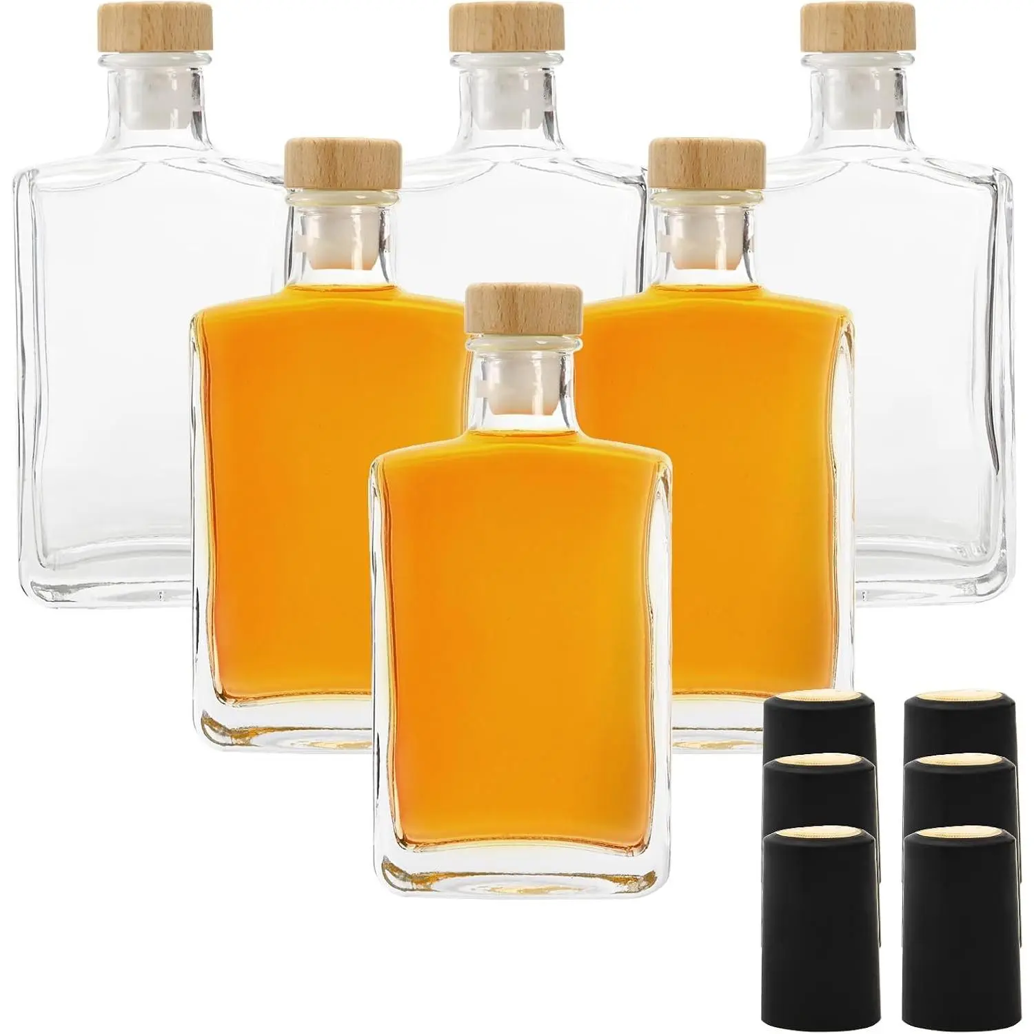 6 Pack Glass Liquor Bottles, 6 Oz(200ml) Square Glass Bottles with T-Top Cork and Shrink Capsules, Heavy Base Hot Sauce Bottle Vodka Bottle for Wine, Whiskey, Vodka, Beer, Soda