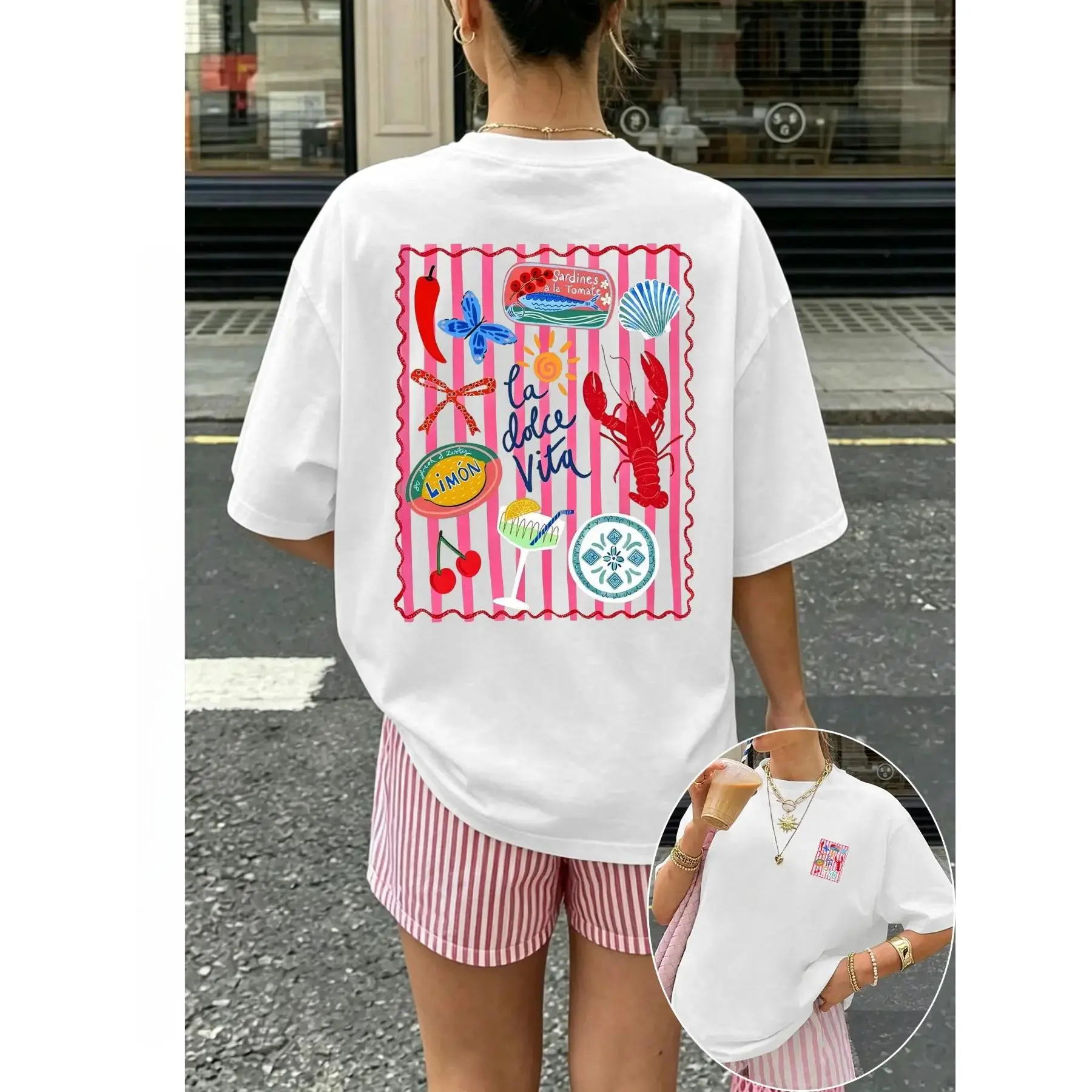 Women's Lobster Graphic Round Neck Short Sleeve Loose-Fit Tshirt - Soft Breathable Fabric, Sporty Chic Clothes, Casual Summer Sports Top