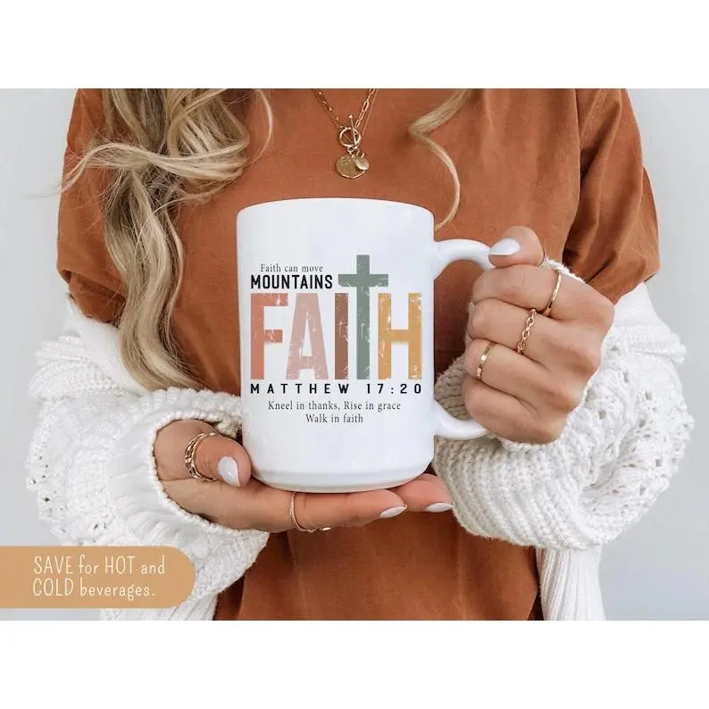 11oz White Ceramic Coffee Mug "Faith Can Move Mountains", Matthew 17:20 Retro Distressed Cross Print, Inspirational Faith Gift For Church Friends & Christians