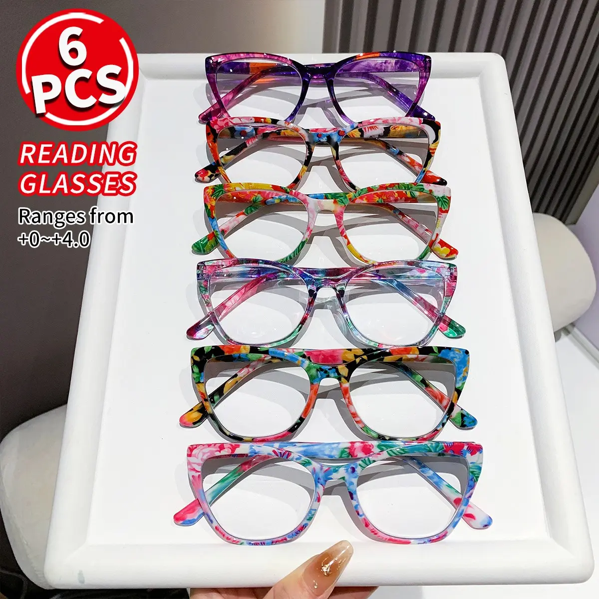 6 Pairs Floral Cat Eye Reading Glasses for Women, Fashion Print Frame Bifocal Lenses, Prescription +0.0 to +4.0 Degrees