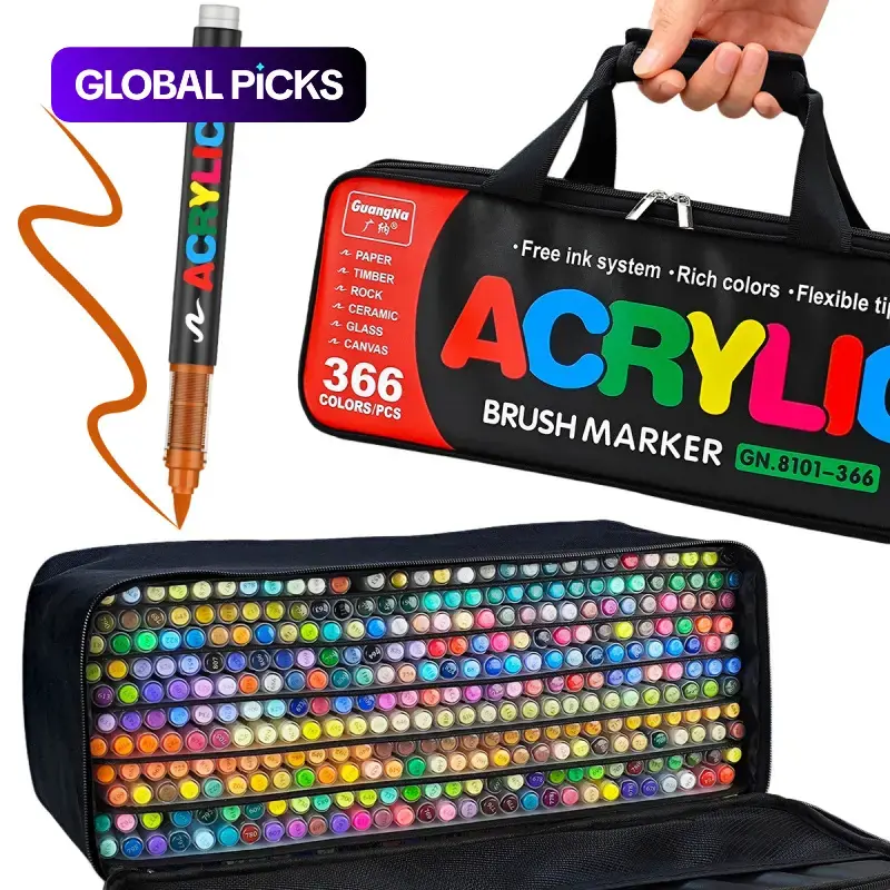 Acrylic Paint Markers Set, Soft Brush Tip, Direct-Liquid Ink System, Acrylic Drawing Markers for Rock Painting, Fabric, Wood & Canvas, Quick-Drying Brush Pens, Art Markers, Painting Supplies #GLOBAL PICKS