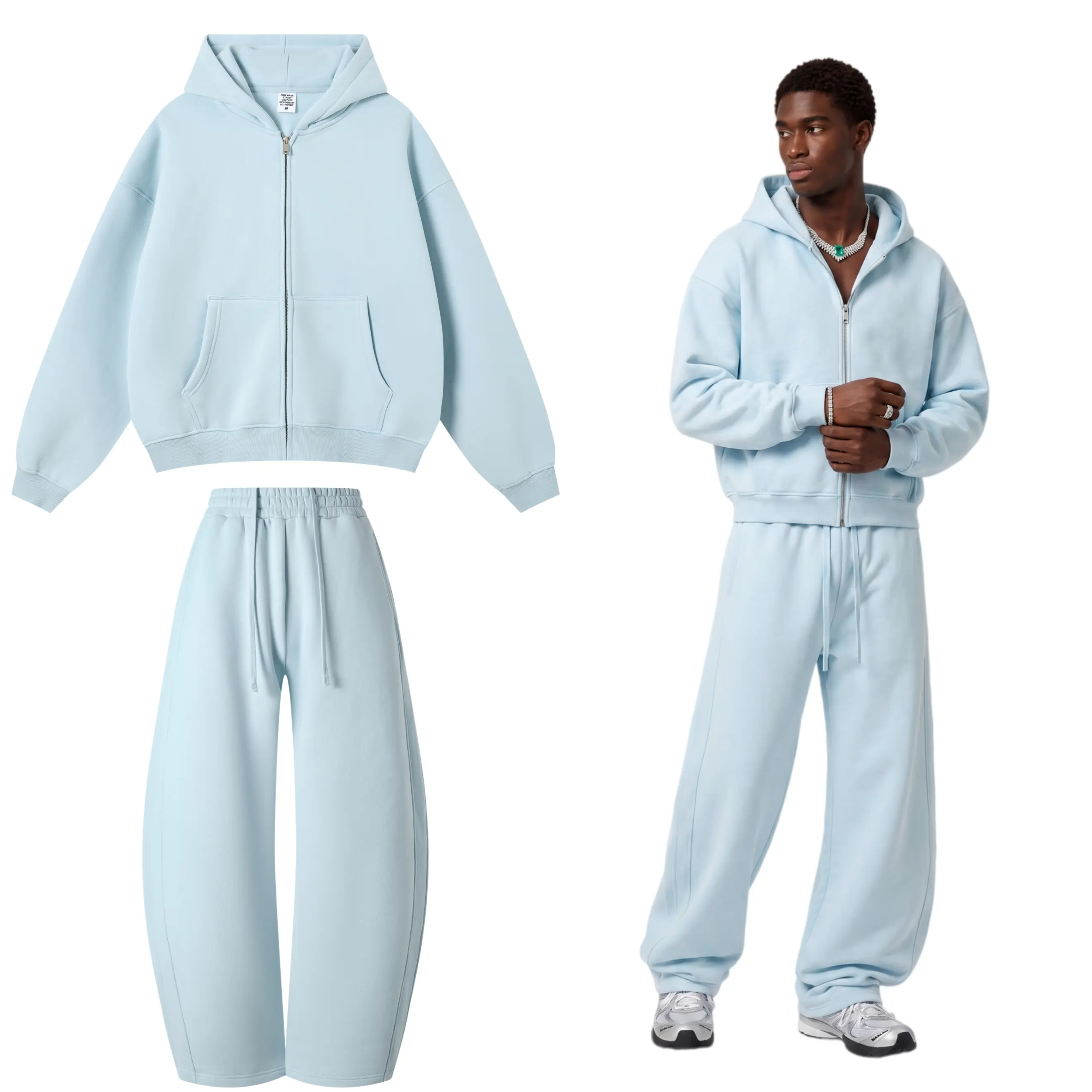 Unisex American Street Style Fleece Lined Heavyweight Zip Up Hoodie & Curved Sweatpants Set, Women's Casual 2 Piece Outfit, Outdoor Athletic Tracksuit