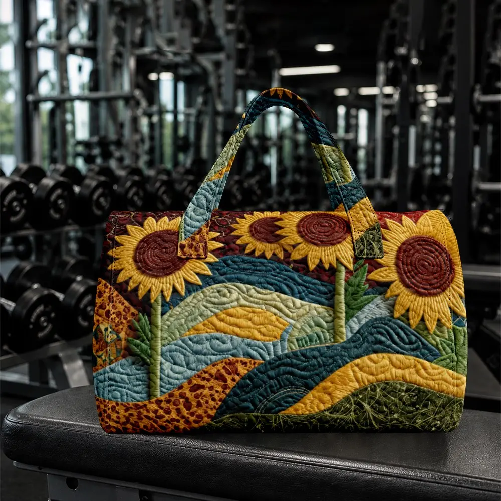 1 pc. Sunny-style quilted cylindrical Floral Tote bag with red background and sunflower/wildflower patchwork pattern. Perfect for women. Vibrant folk style. Great gift for Halloween, Thanksgiving, and Christmas.