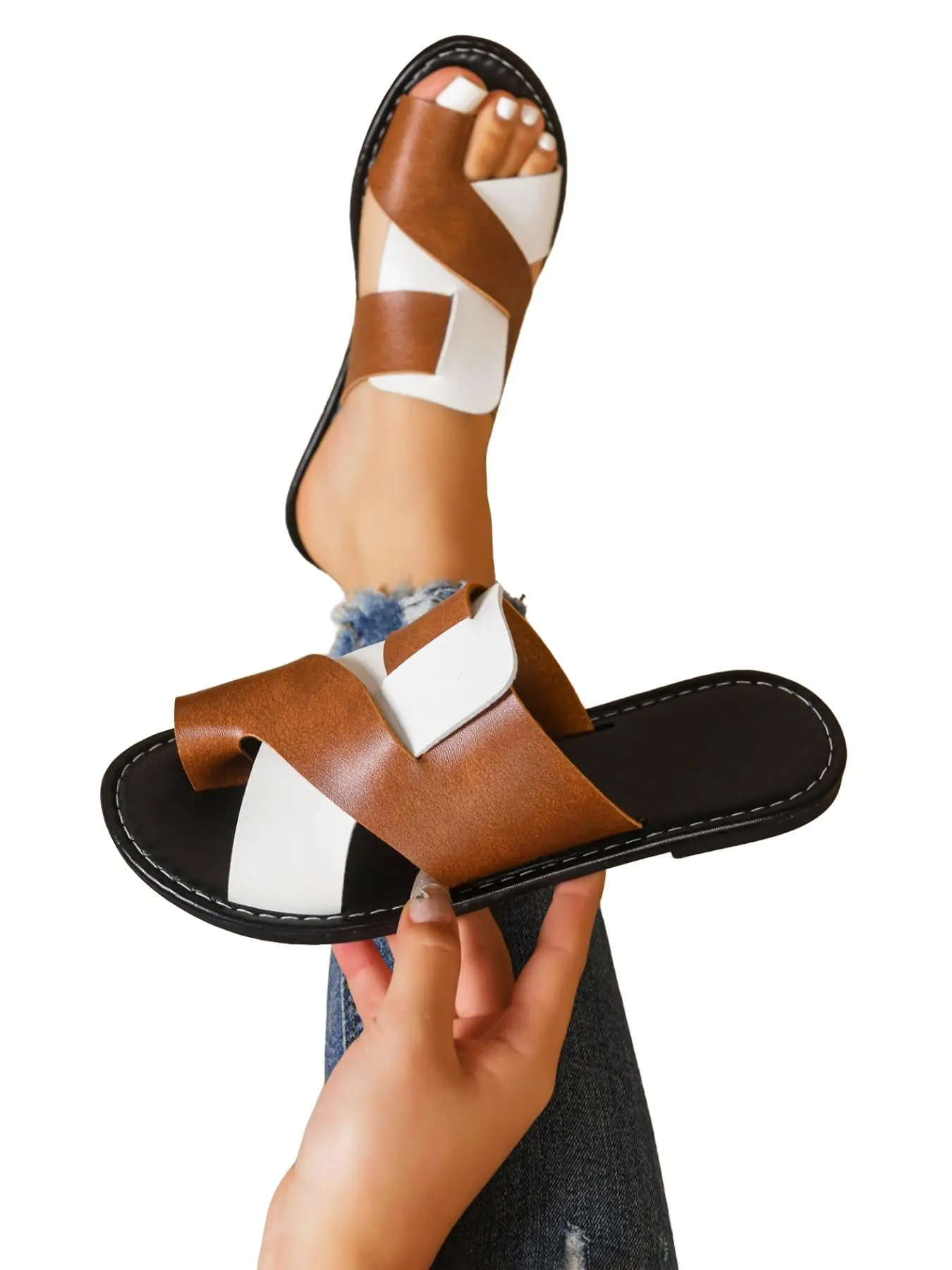 Boho Colorblock Braided Toe Sandals for Women, Soft Leather Flat Shoes, Multiple Colors Available, Outdoor Beach Footwear
