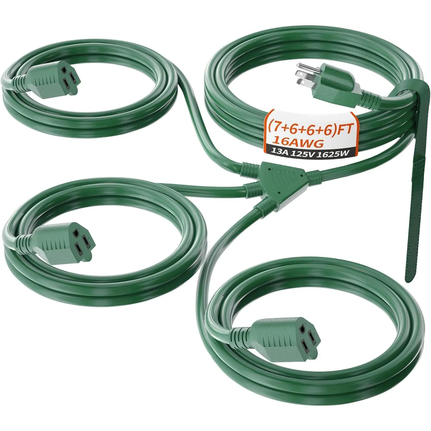 7+6+6+6 FT 1 to 3 Splitter Outdoor Extension Cord with Multiple Outlets | 13 FT End to End 16/3 SJTW Green Extension Cord Outdoor  for Christmas Lights; 25FT  16AWG 13A 1625W ETL