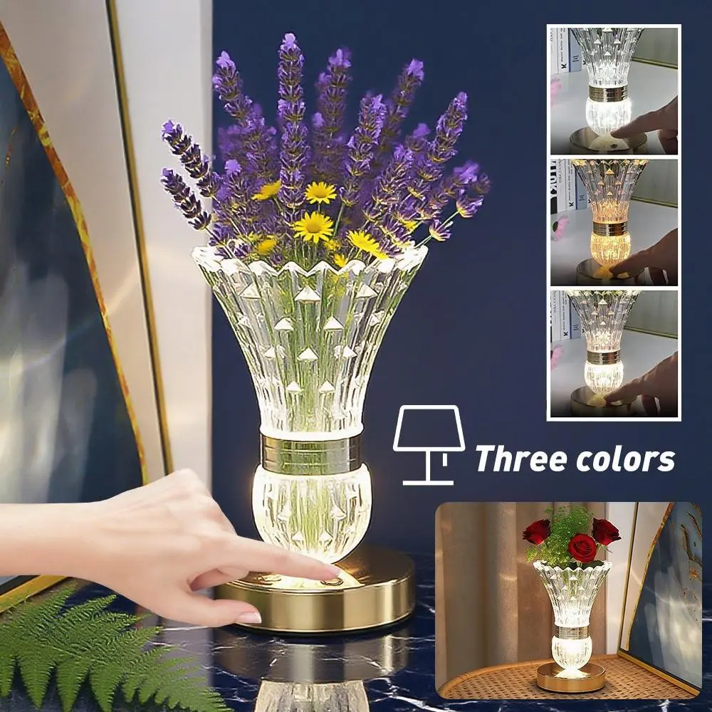 LED Crystal Element Novelty Table Lamp Vase - USB Rechargeable, Touch Dimmable, 3-Color Artificial Flower Light, Transparent Plastic Modern Decor Piece, 1 Table Lamp for Bedroom Living Room#DealsForYouDays