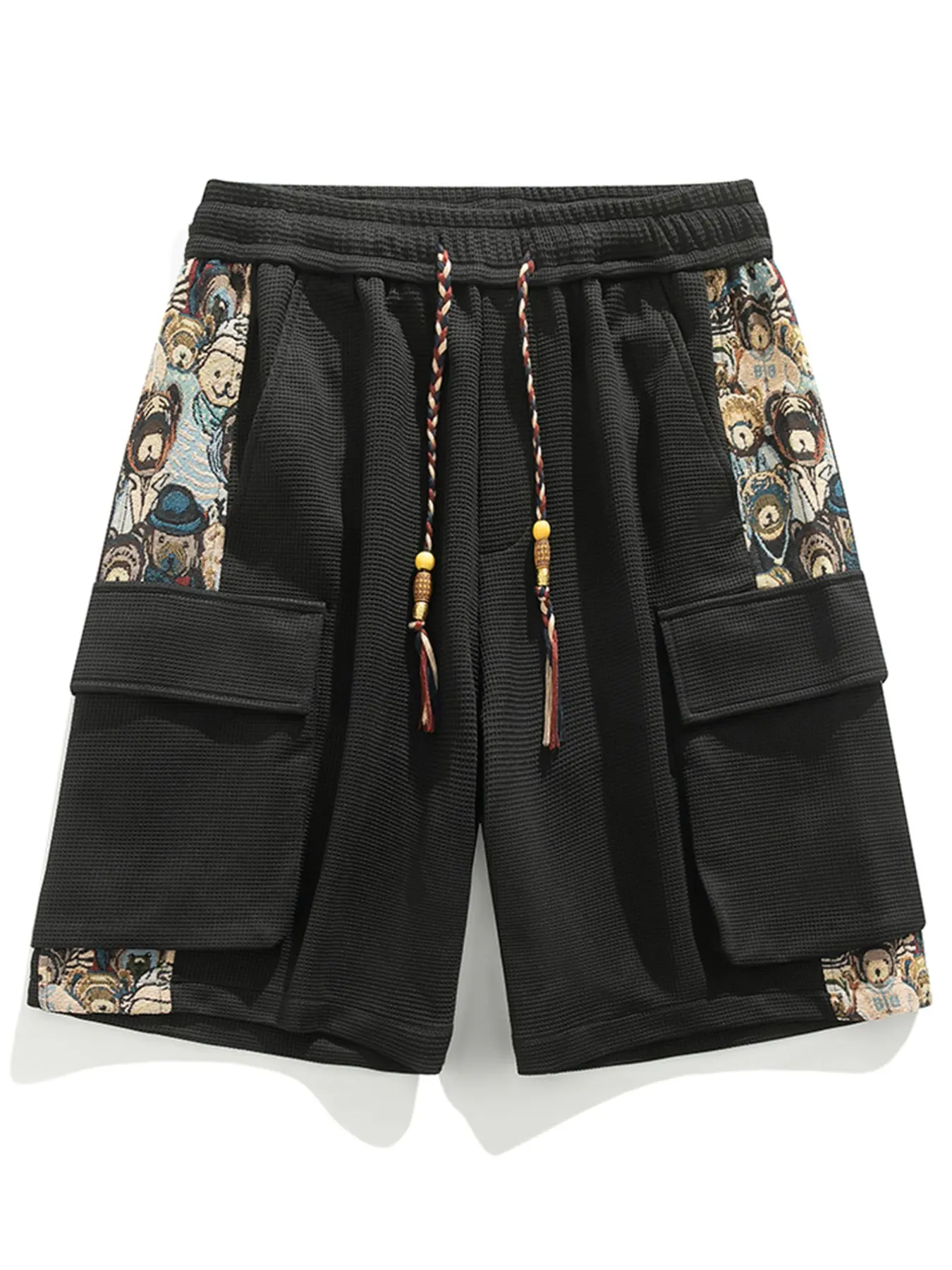 Men's Trendy Cargo Shorts with Cartoon Print, Casual Fitted Pocket Shorts for Summer, Stylish Drawstring Waist Shorts, Fashionable Shorts, Cartoon Graphic Shorts