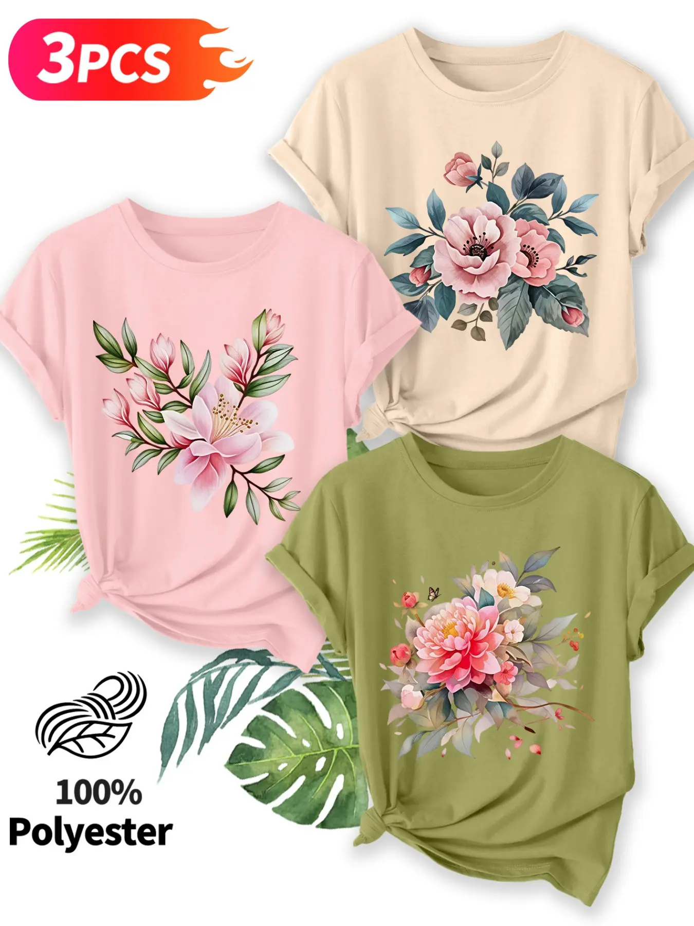 3Pcs Women Crew Neck Round Neck T-shirt, Magnolia Peony Butterfly Retro Watercolor Floral Art Print, Soft Washable Three-piece Casual Everyday Tops Tee Set