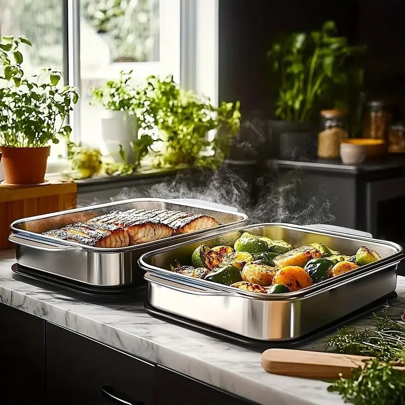 Viral Top Selling Set of 2 Food Grade Stainless Steel Baking Pans with Lids Non Stick Thick-Bottomed Rectangular Oven Trays for Desserts Bread Seafood Grilling Buffet Party Kitchen Prep Oven Safe Multi Use Roasting Steam Bake Fish Pan