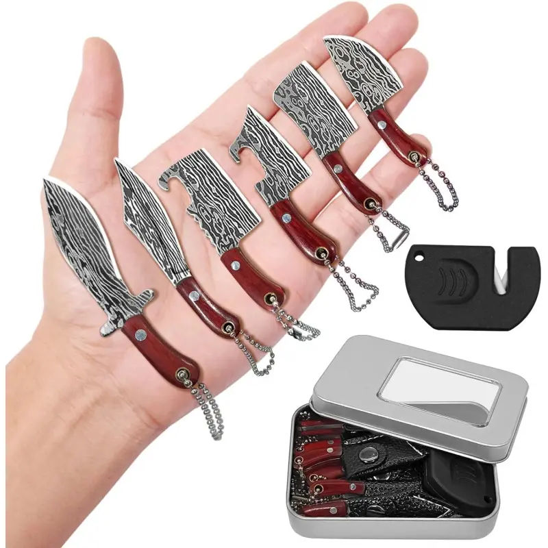 Mini Knife Set, Damascus Pocket Knife Set with Sharpener, Mini Chef Knife EDC Knives Set, Tiny knife Cleaver Keychain Tiny Things for Package Opener, Box Cutter, Letter Opener, Steel Blades