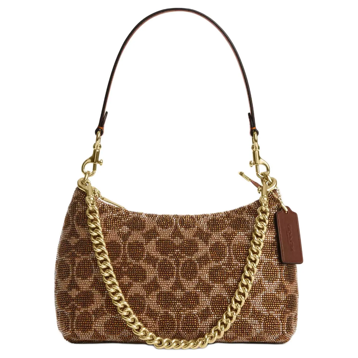 COACH Teri 25 Zip-Top Beaded Satin and Leather Shoulder Bag for Women, Medium Size, Brown