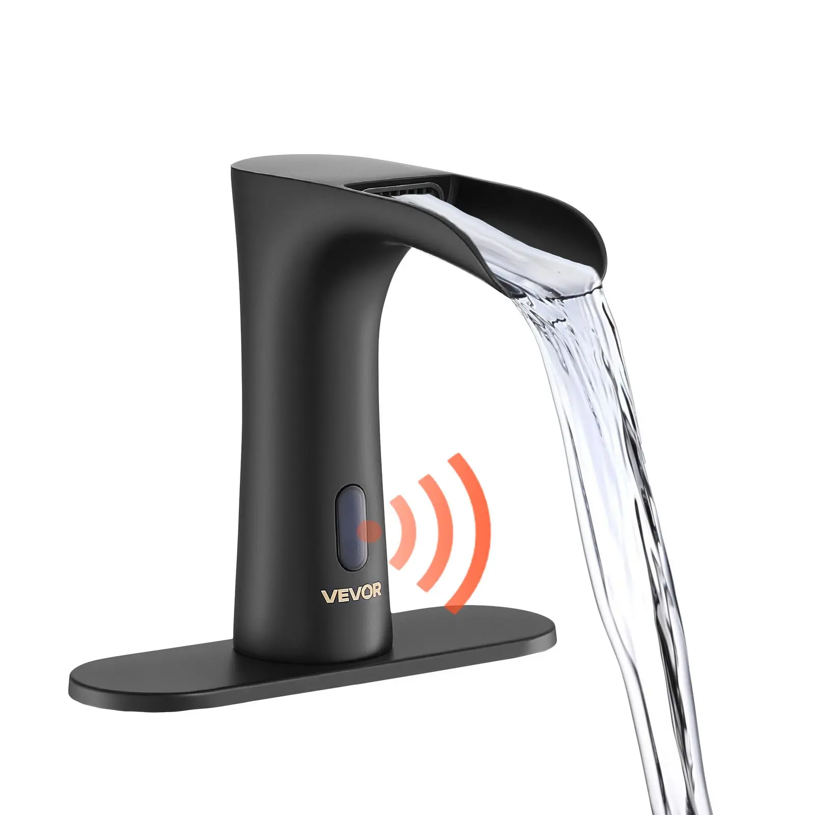VEVOR Touchless Bathroom Sink Faucet, Automatic Motion Sensor Waterfall Restroom Toilet Faucet with Hole Cover Plate, Modern Electronic Sensor Hot/Cold Water for 9/16 in Pipe Commercial, Matte Black