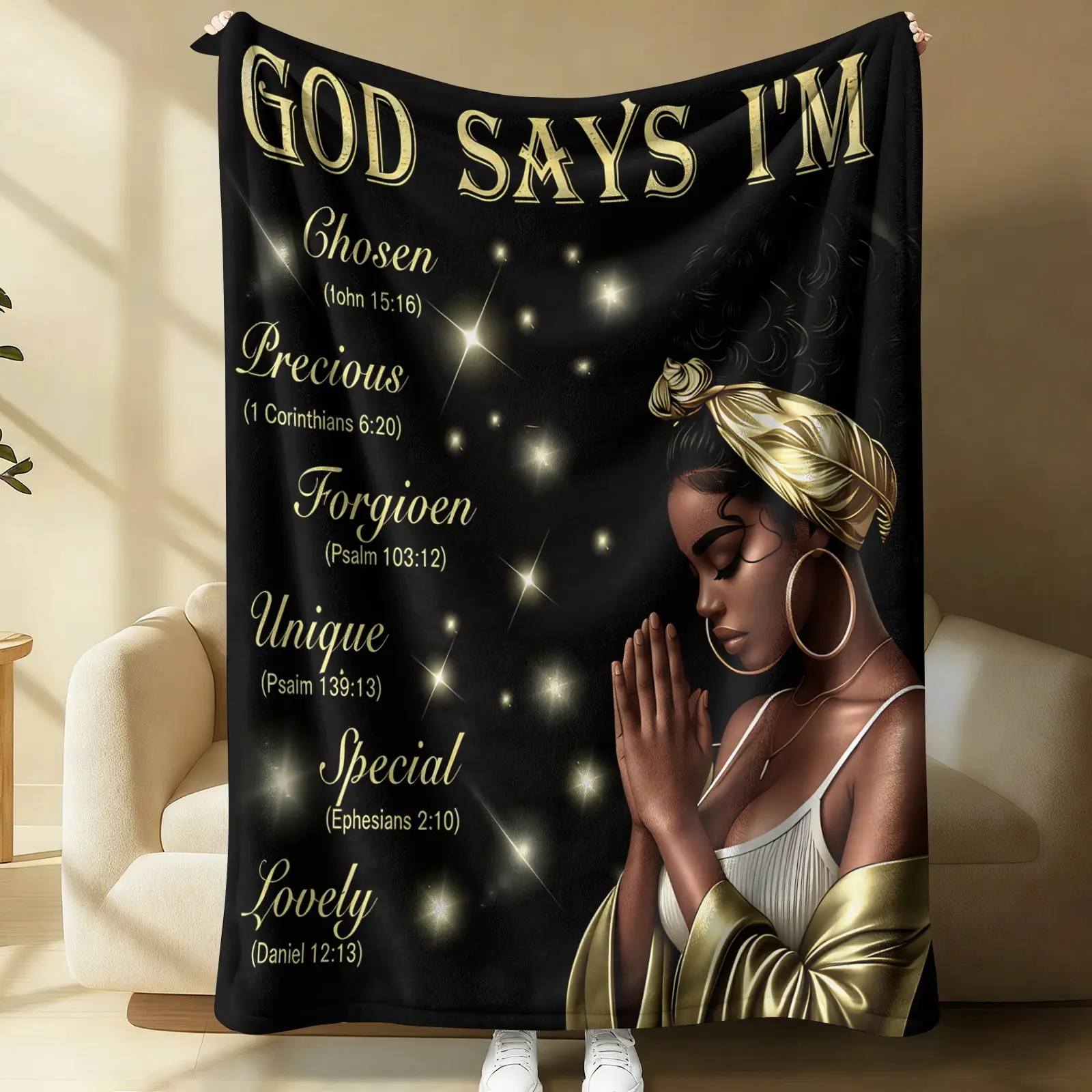 God Says I Am Black Woman Prayer Bible Verse Flannel Throw Blanket, Black Gold Sparkle Faith Print, Oversize Lightweight Multi-use Blanket for Nap, Camping, Travel & Sofa Bed, Christian Inspirational Gift