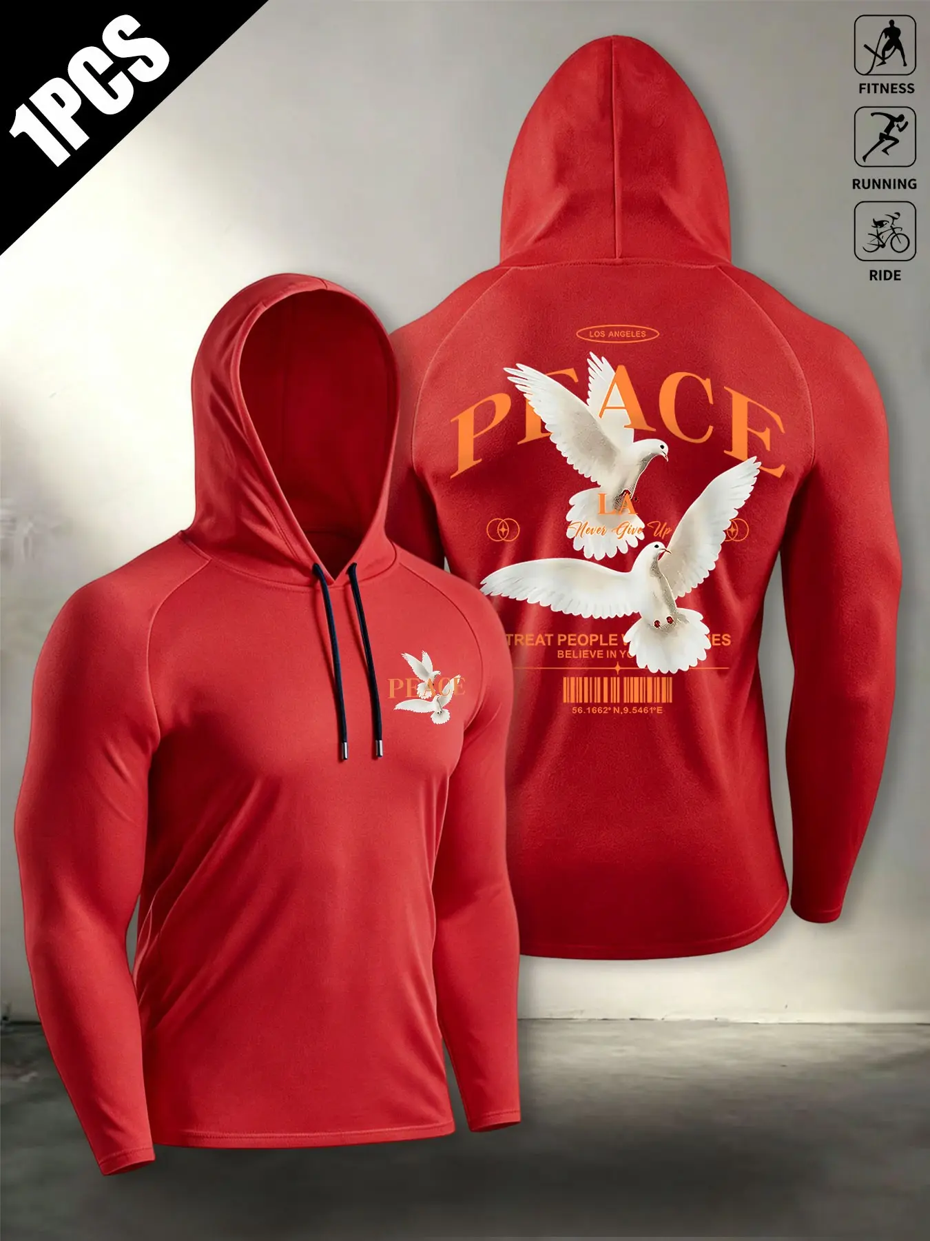 Men's Long Sleeve Hooded T-Shirt, Loose Fit, Breathable Sporty Top, Dove Print, Casual Fall & Winter Wear, Street Style, Running, Cycling