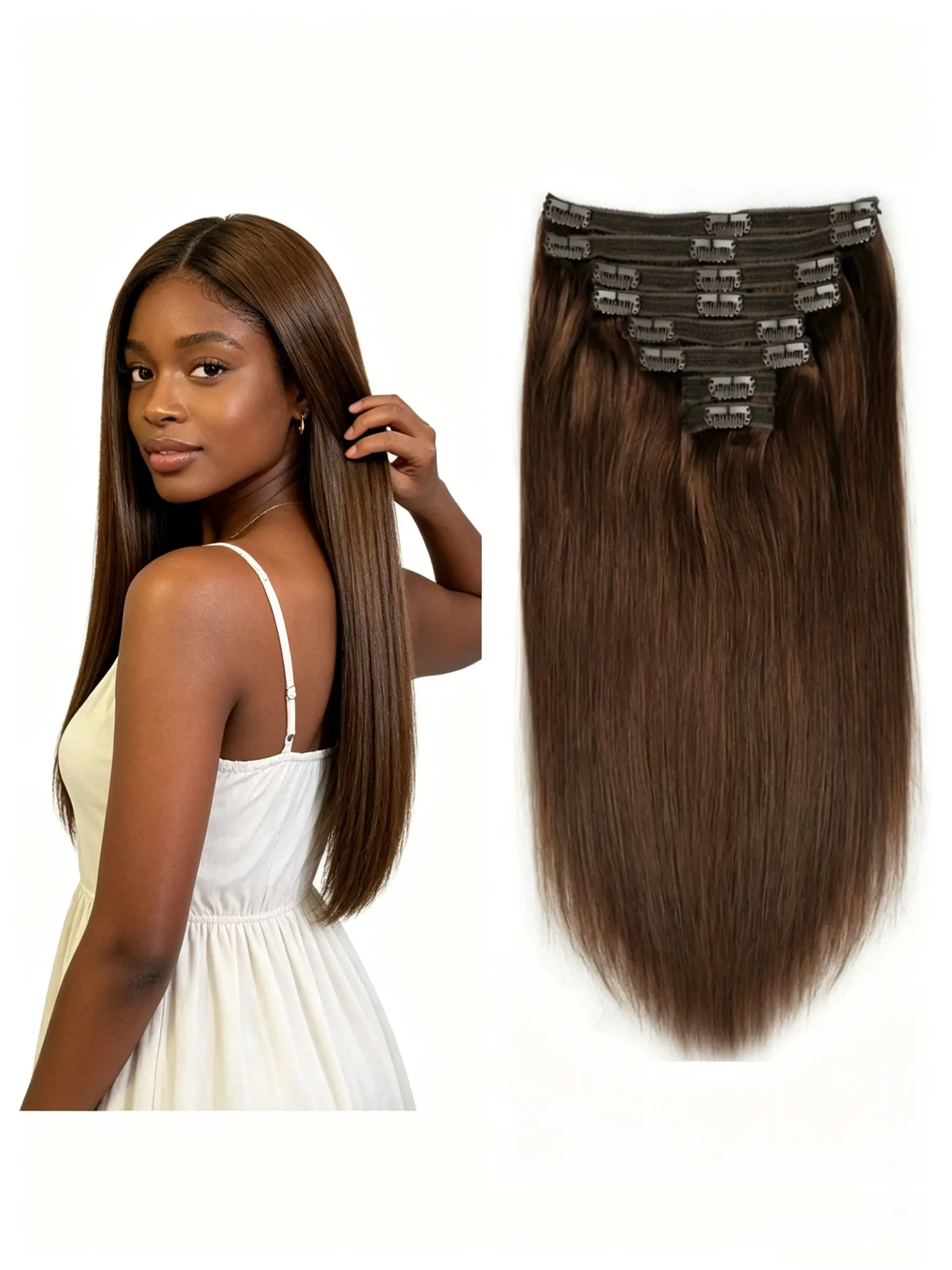 Straight Real Remy Human Hair Clip Ins 8Pcs Seamless Double Weft Hair Extensions 18 Clips Design 14-28 Inch #4 Chocolate Brown Blonde No Damage Easy Take Off Unisex Styling Hairpiece