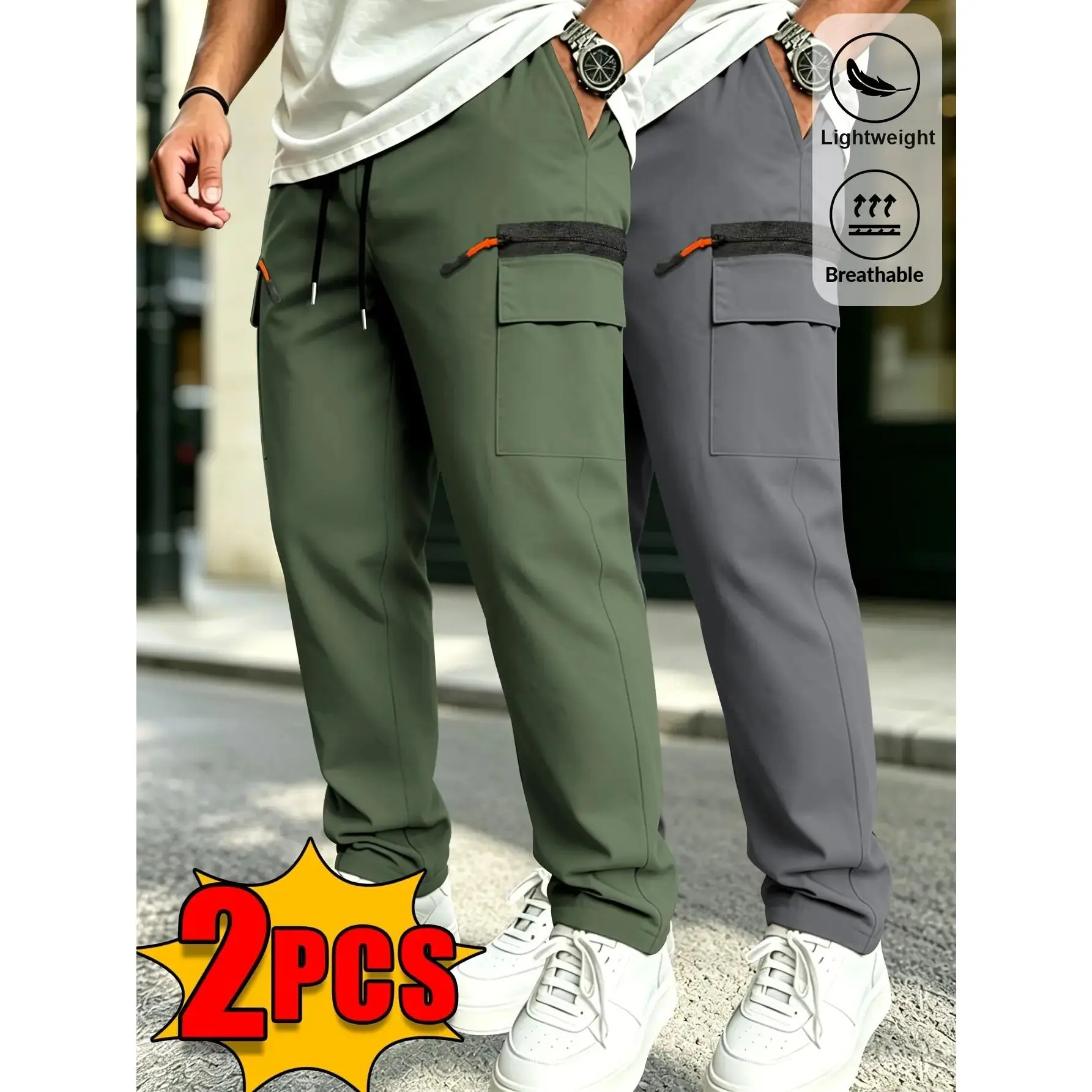 Veiskor-Men’s 2-pack functional cargo straight-leg pants for spring/summer, elastic drawstring waist, contrast color, side zipper pockets, lightweight and breathable, versatile casual pants for outdoor activities and commuting