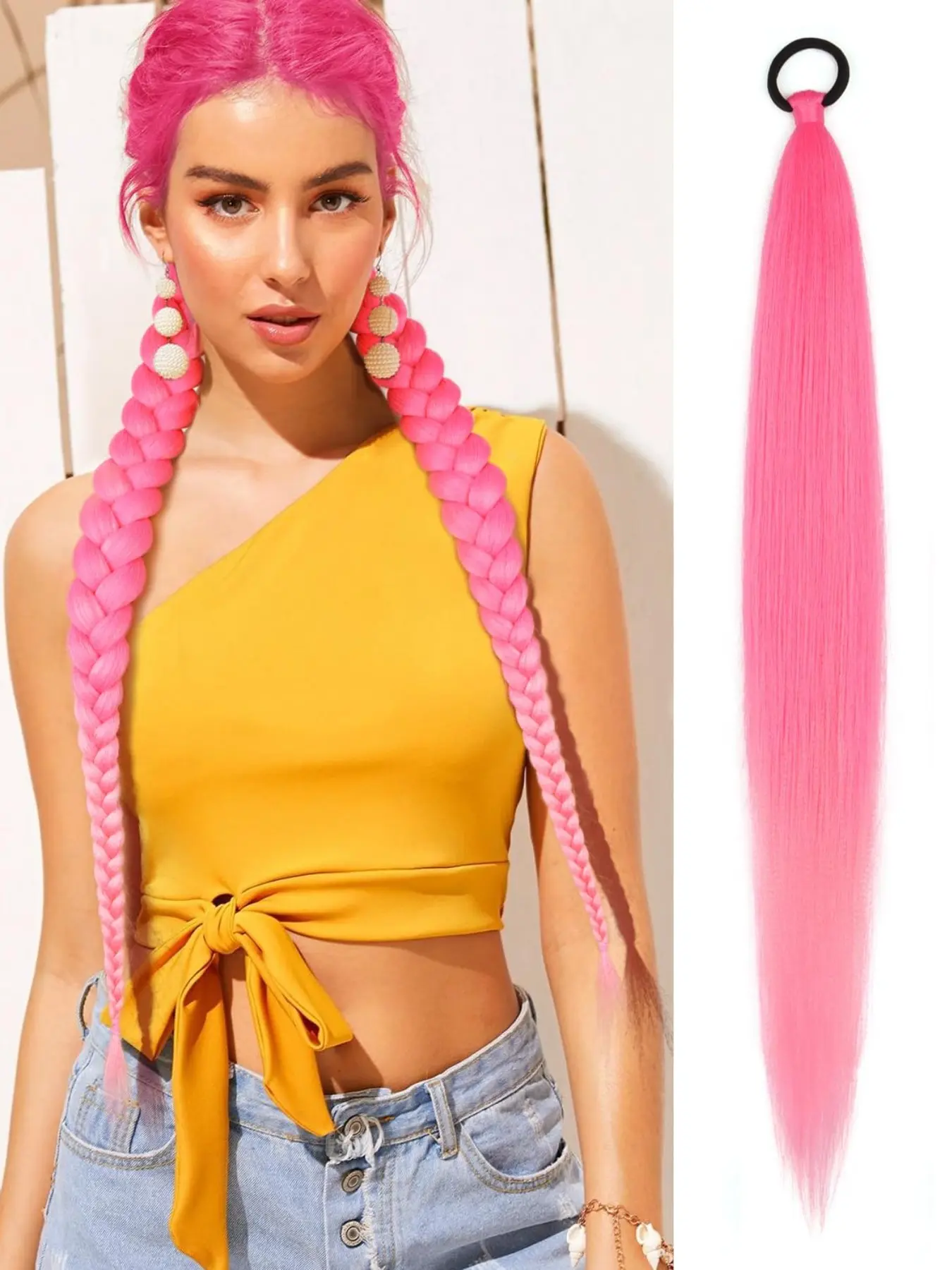 1 Pack Braid Ponytail Extension with Elastic Tie Straight Sleek Wrap Around Braid Wig Ponytail Pink Gradient 26 Inch (Pink/Light Pink)