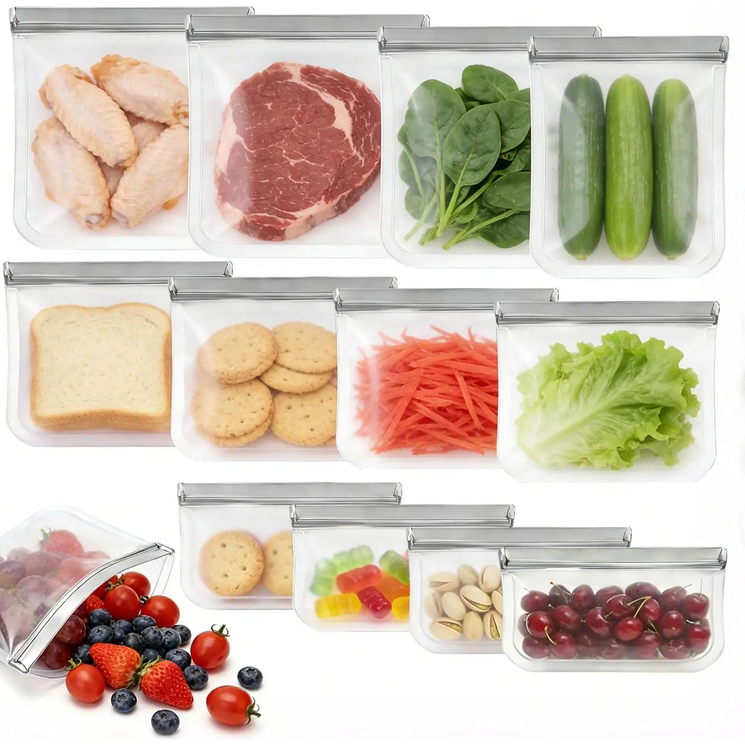 12 Pack Silicone Bags for Food Storage,Reusable Silicone Food Storage Bags,Freezer & Dishwasher Safe,Silicone Gallon Freezer Bags,Leakproof-4 Gallon 4 Snack 4 Sandwich Bags,Grey