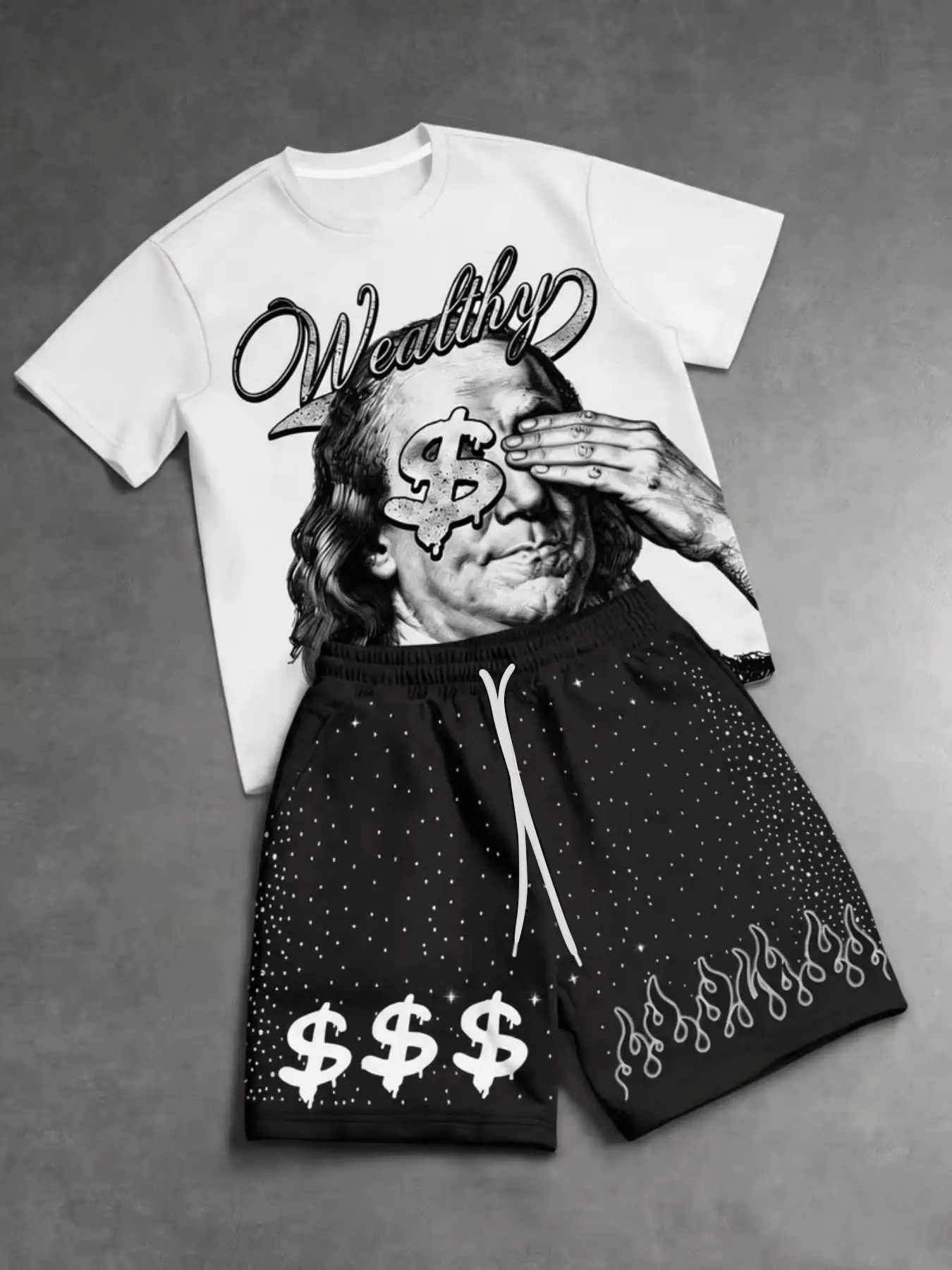 Men's Fashion Streetwear T-Shirt Set, Creative Wealth Print Design, Round Neck Short Sleeve T-Shirt and Shorts Set, Two-Piece