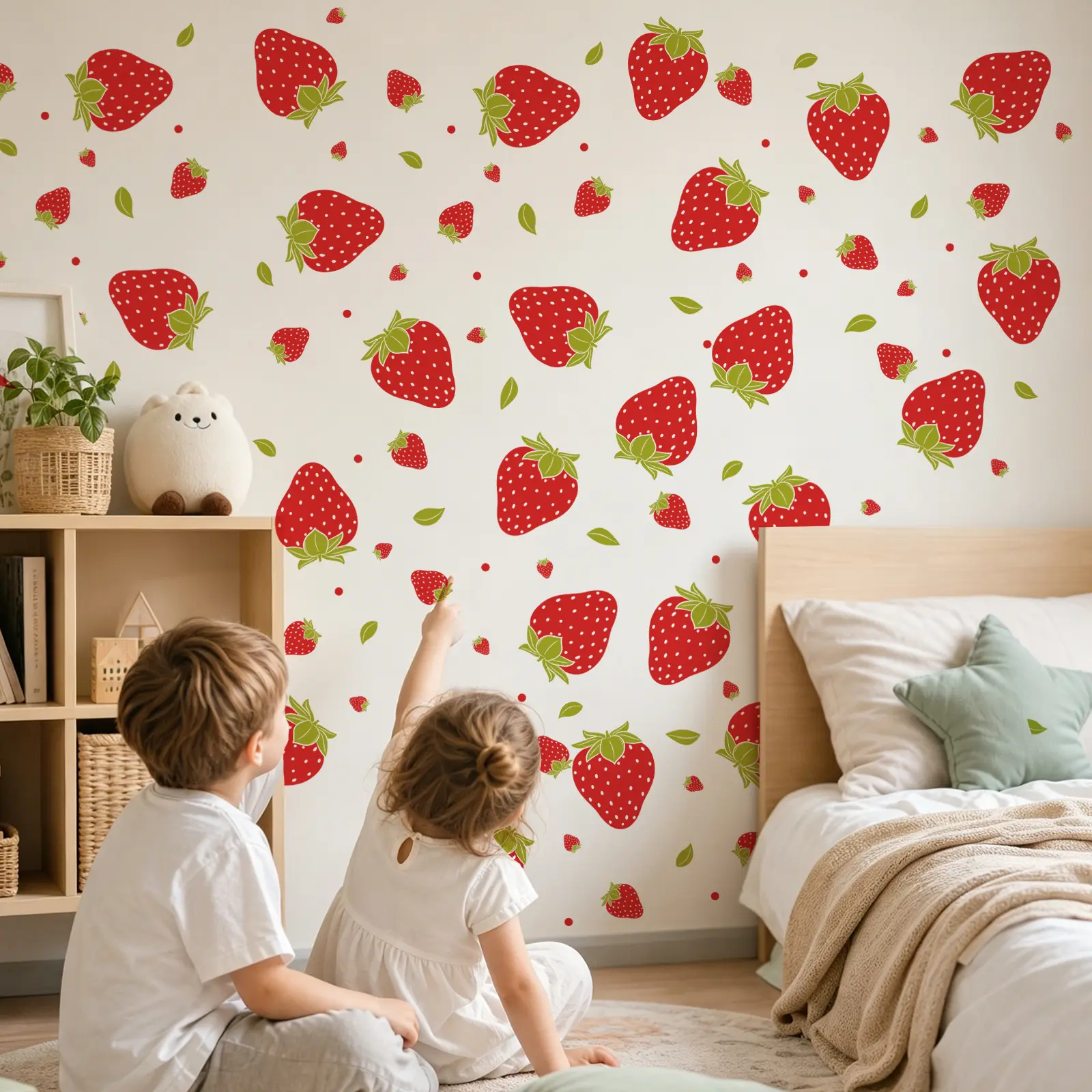 9Pcs Set (2129cm9pcs) Cartoon Strawberry Wall Stickers, Cute Red Strawberry Pattern, Self-Adhesive Decoration Sticker Decor Decals for Kids Bedroom, Unique Wall Decor