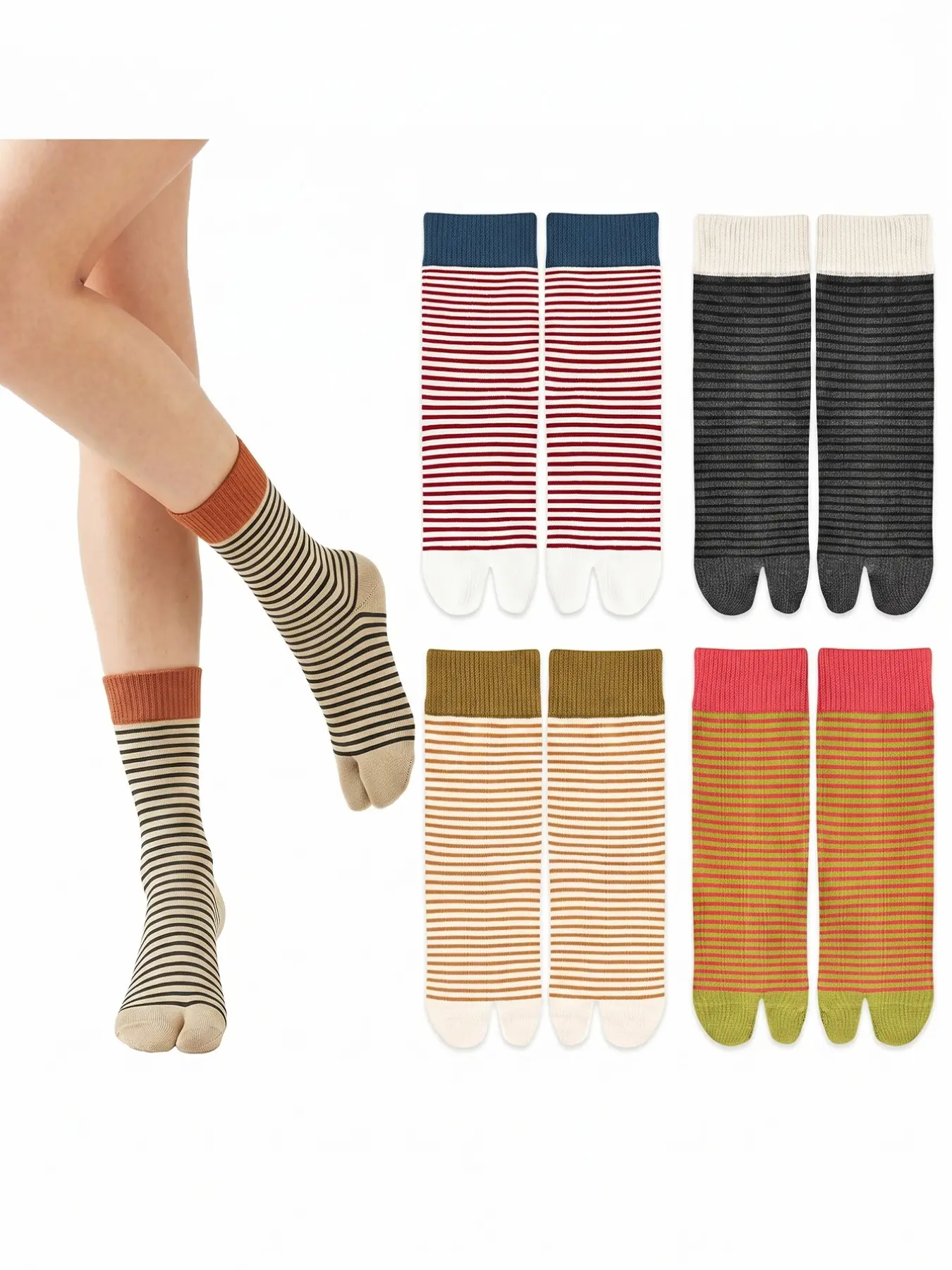 5 Pairs Multicolor Striped Casual Fashion Tabi Socks for Women Split Toe Crew Socks for Tabi Flats & Flip Flops Sandal Sneakers Socks