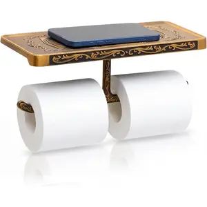 Toilet Paper Holder with Shelf and Hook Wall Mounted Aluminum Tissue Roll Holder Dispenser for Bathroom (Bronze Finish)