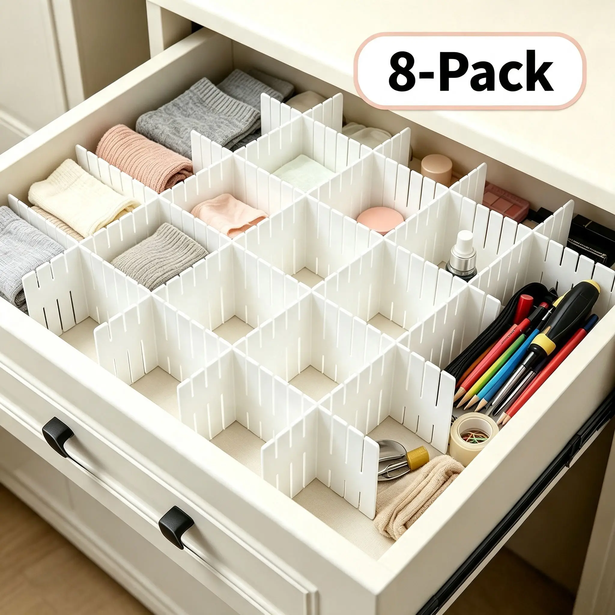 8Pcs Drawer Dividers, Adjustable Drawer Organizer for Socks, Underwear, Makeup, Can Help Tidy Kitchen, Bedroom, Dresser White