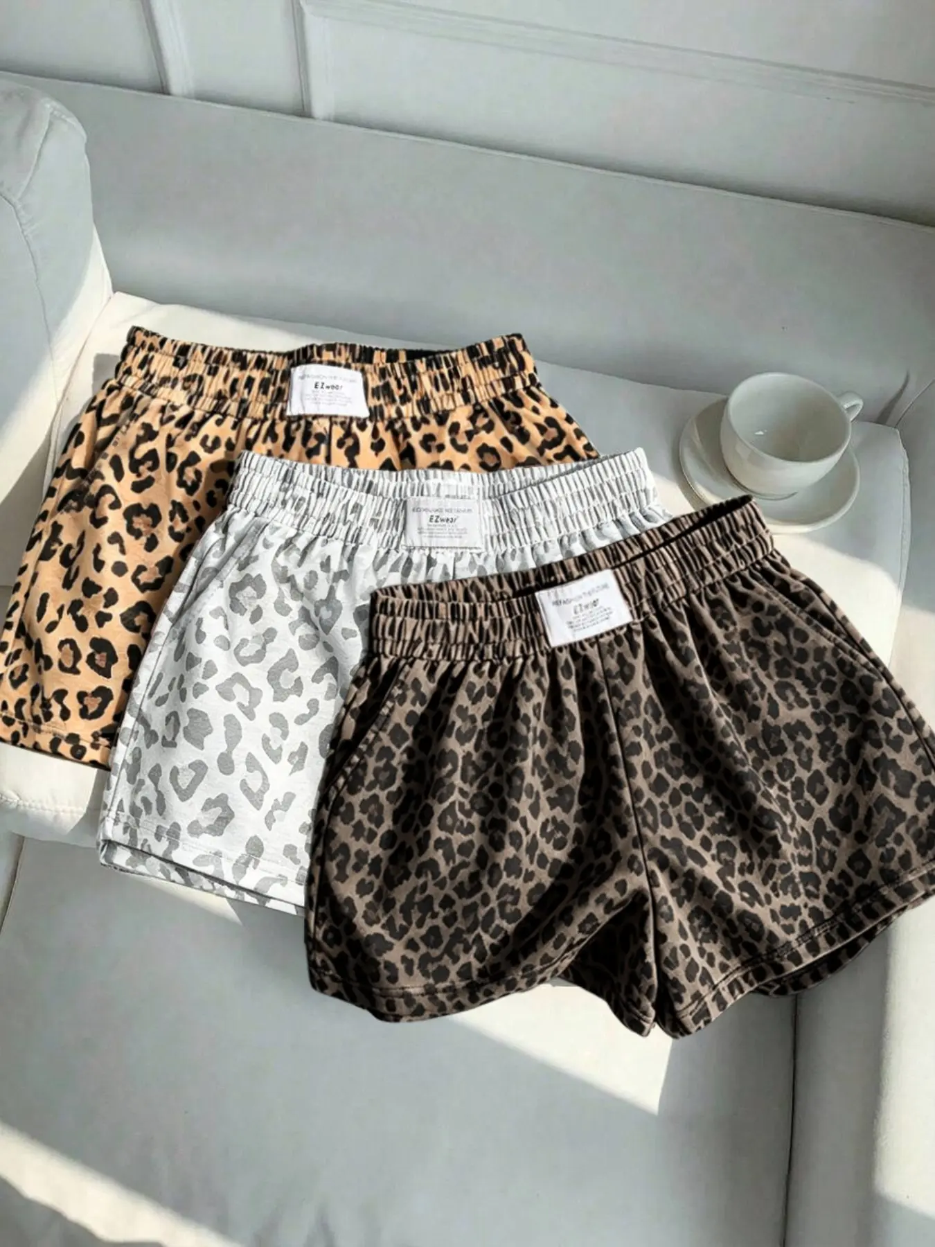 3-Pack Vintage Leopard Print Elastic Waist Casual Shorts for Women, Letter Waist Label Design, Y2K Style Sporty Outerwear Slimming Shorts
