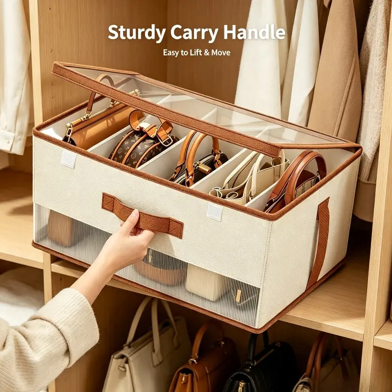 Closet Divided Purse Storage Bin, Clear See‑Through Dust‑Proof Design With Handle, Household Handbag Organizer