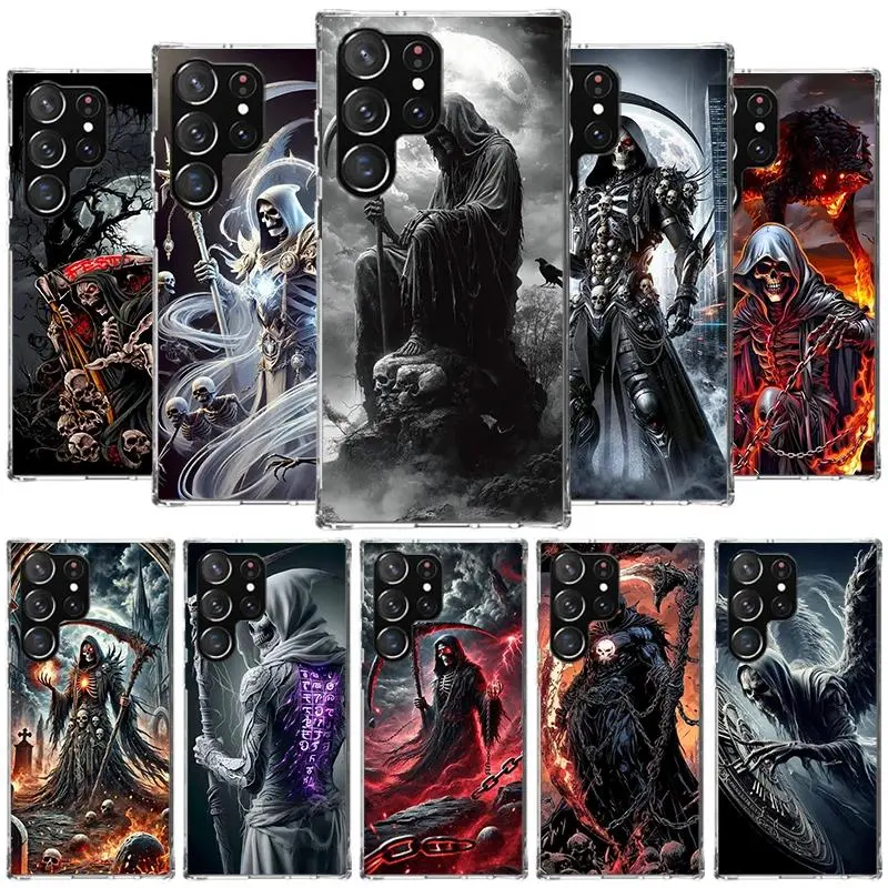 Death Grim Reaper Skull Scythe Phone Case for Samsung Galaxy S26 S25 Edge S24 Ultra S23 S22 Plus S21 FE for Iphone 17 16 15 14 13 12 11 17Air Plus Pro Promax Soft Fundas Shell