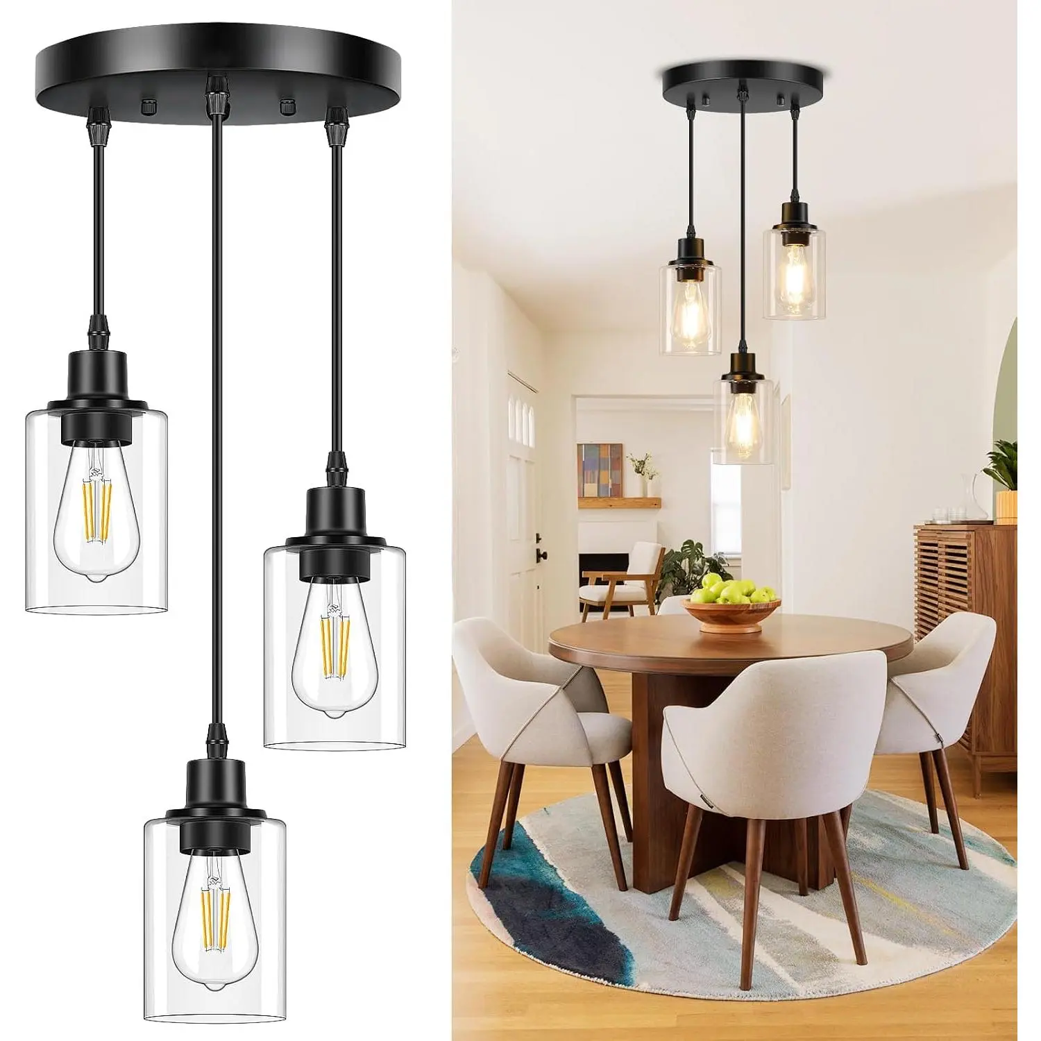 3-Light Pendant Light Fixtures, Black Pendant Lights Kitchen Island, Adjustable Pendant Lighting with Clear Glass Shade, Modern Hanging Light Fixtures for Dining Room, Hallway, Living Room