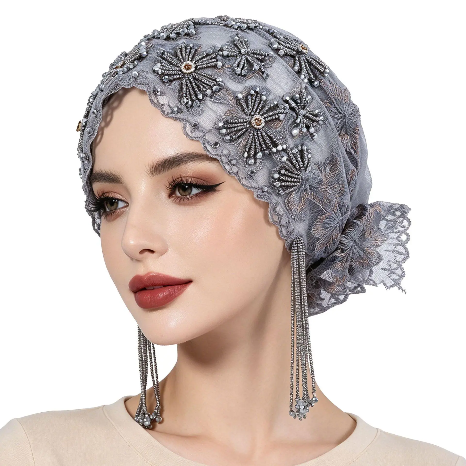 Viral Silver Grey Beaded Floral Lace Turban Beanie Cap with Tassel Strings Soft Stretch Full Coverage Headwrap Women Church Evening Party Modest Fashion