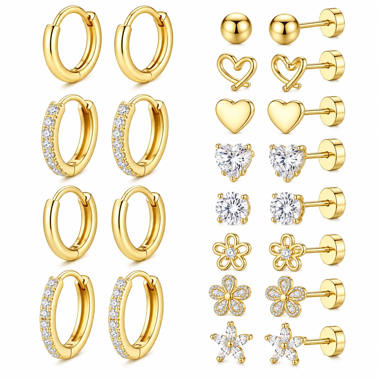 14K Gold Plated Heart & Flower Stud Earrings Set – 12 Pairs Hypoallergenic Screw-Back Earrings for Women, Dainty CZ, Minimalist & Layered Ear Jewelry