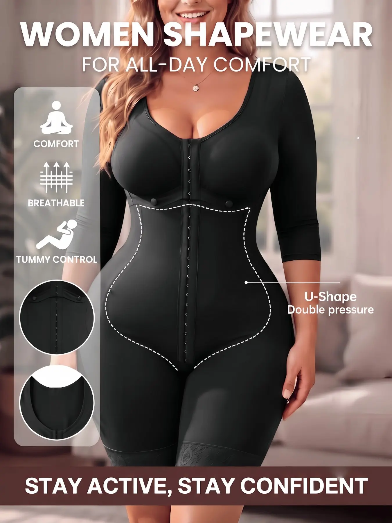 1 Count Women's Tummy Control & Butt Lifting 3/4 Sleeve Bodysuit with Lace Trim, Shaper Lace Bodysuit, Fajas, U-Shape Waist Shaping Design Shapewear, Push-Up Breast Support Jumpsuit, Colombian Shapewear, Ideal for Fitness & Party Yoga