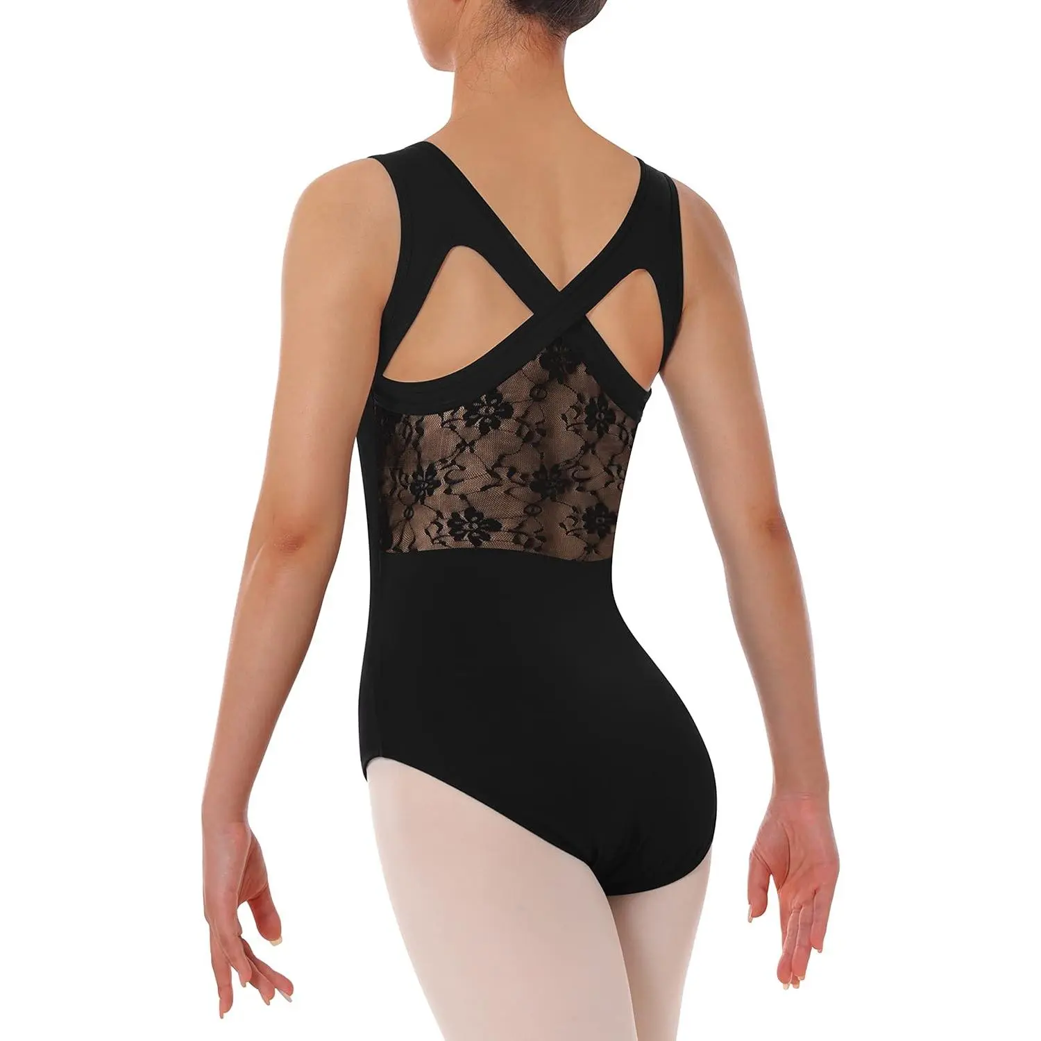 Women's Floral Lace Tank Gymnastics Leotard, Stretch Fit Cotton Spandex Dancewear with Crisscross Back and Opaque Front for Ballet Class, Gym Clothes Women, Cold Wash, Exercise, Sleeveless