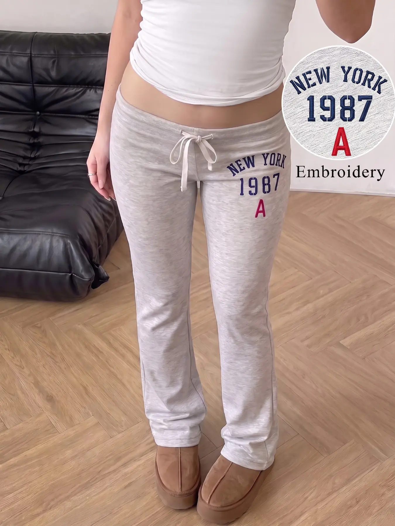 Women Y2K Vintage Low Rise Flare Sweatpants, NEW YORK 1987 Letter Embroidery Drawstring Waist Bootcut Jogger Pants, Soft Stretchy Casual Streetwear Trousers For Daily Going Out