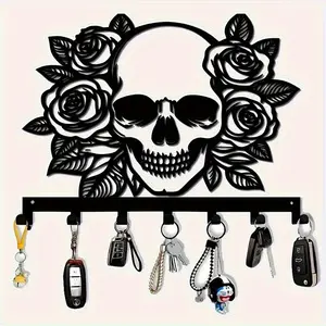 Gothic Style Wall-Mounted Key Rack, Skull and Rose Pattern, Cast Iron, Rust-Resistant Hook, Victorian Home Storage