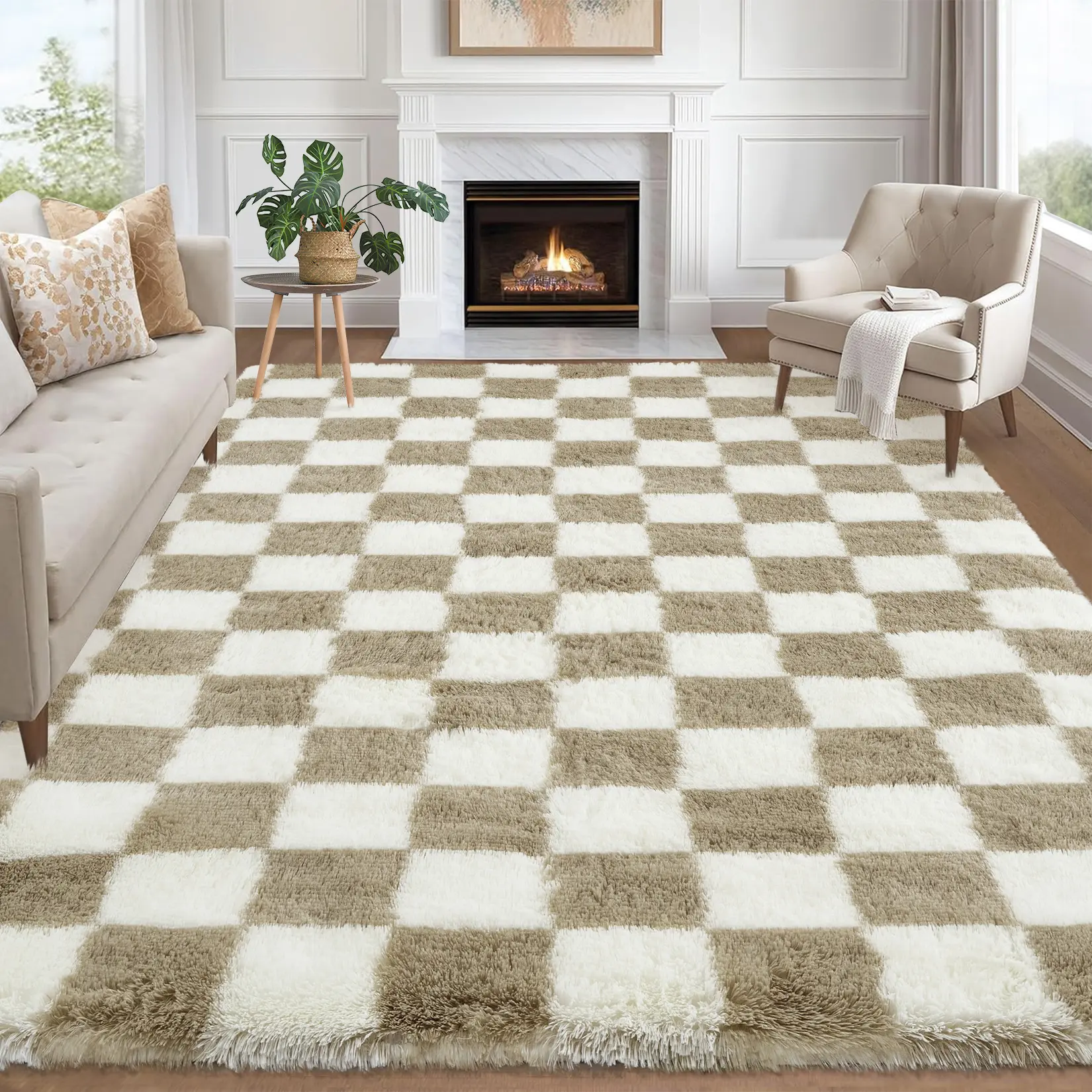 Ultra-Soft Checkered Shag Area Rug - Super Soft Soft Fuzzy Carpet for Living Room, Bedroom, Dorm, Kids Room Decor, Washable Non-Slip Cozy Modern Rug