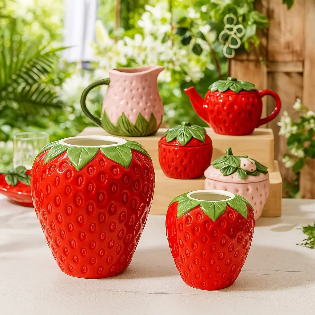 Strawberry Fruit Shape Ceramic Vase, Flower Pot Ornament, Decorative Sculpture, Soft Decoration Item, Unique Home Décor Piece