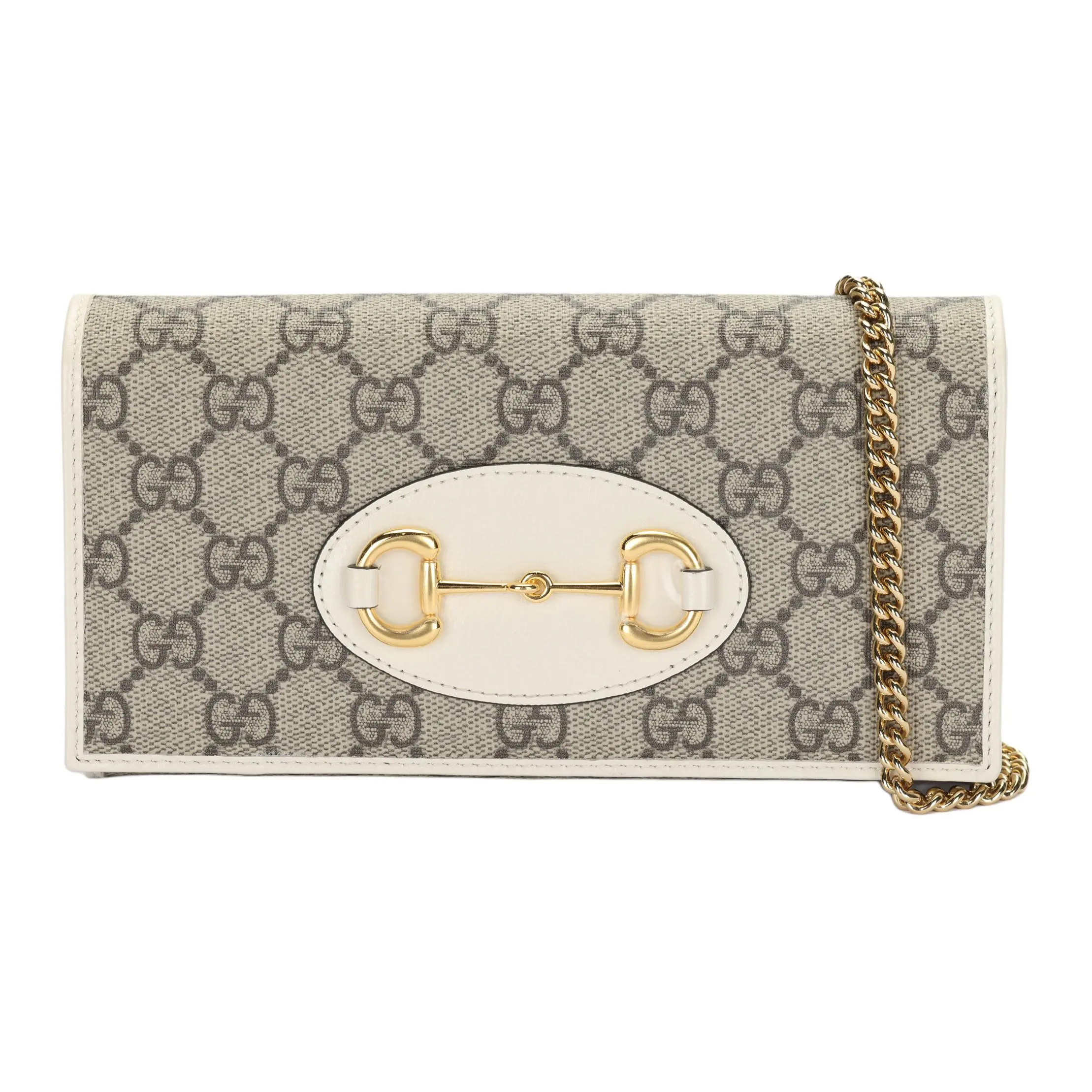 Gucci Horsebit 1955 Shoulder Bag for Women – Ebony and White Coated Canvas with Leather Trim and Gold-Tone Horsebit Closure