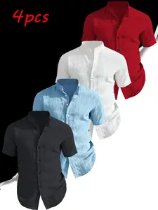 4-Pack Men's Summer Short Sleeve Shirts, Solid Color, Lightweight Breathable, Stand Collar Button Shirt, Ideal for Beach Poolwear