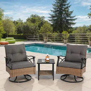 Aobtkel 3-Piece Outdoor Swivel Furniture Set - 360-Degree Swivel 2 Rocking Chairs, 1 Table, 350lbs Capacity, Brown Wicker, Removable Cushion Cover, Tough Garden Conversation Set