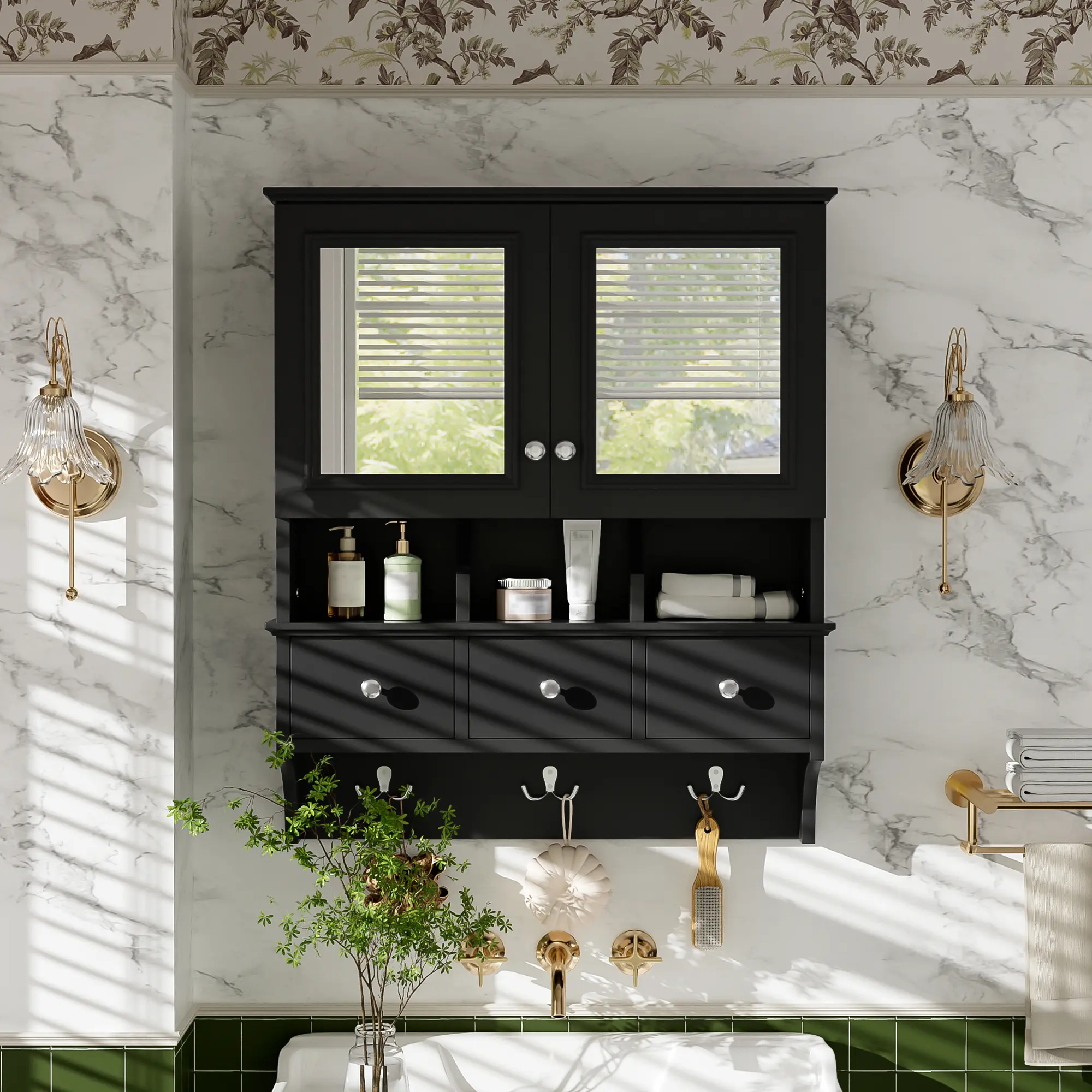 Nokaa 24-Inch Wall Mounted Bathroom Mirror Cabinet with Drawers & Organizer Hooks, High-Definition Mirrored Medicine Cabinet, 4-in-1 Vanity Storage for Bathroom Organization, White Finish
