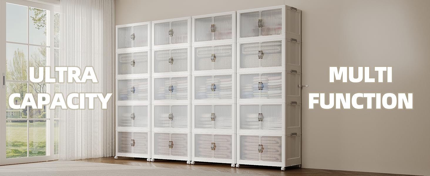 JONZEN 192Qt Plastic Storage Bins with Lid, 48GAL Closet Organizer and Stackable Storage Drawer, Collapsible Clear Box with Wheels, Clothes Cabinet Containers for Home Garage, 4Pack White