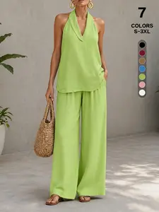 Comfy Chic Women's Summer Faux Linen Halter  V-Neck Top & High Waist Wide Leg Pants Set - Breathable Everyday Urban Lounge Wear for Going Out