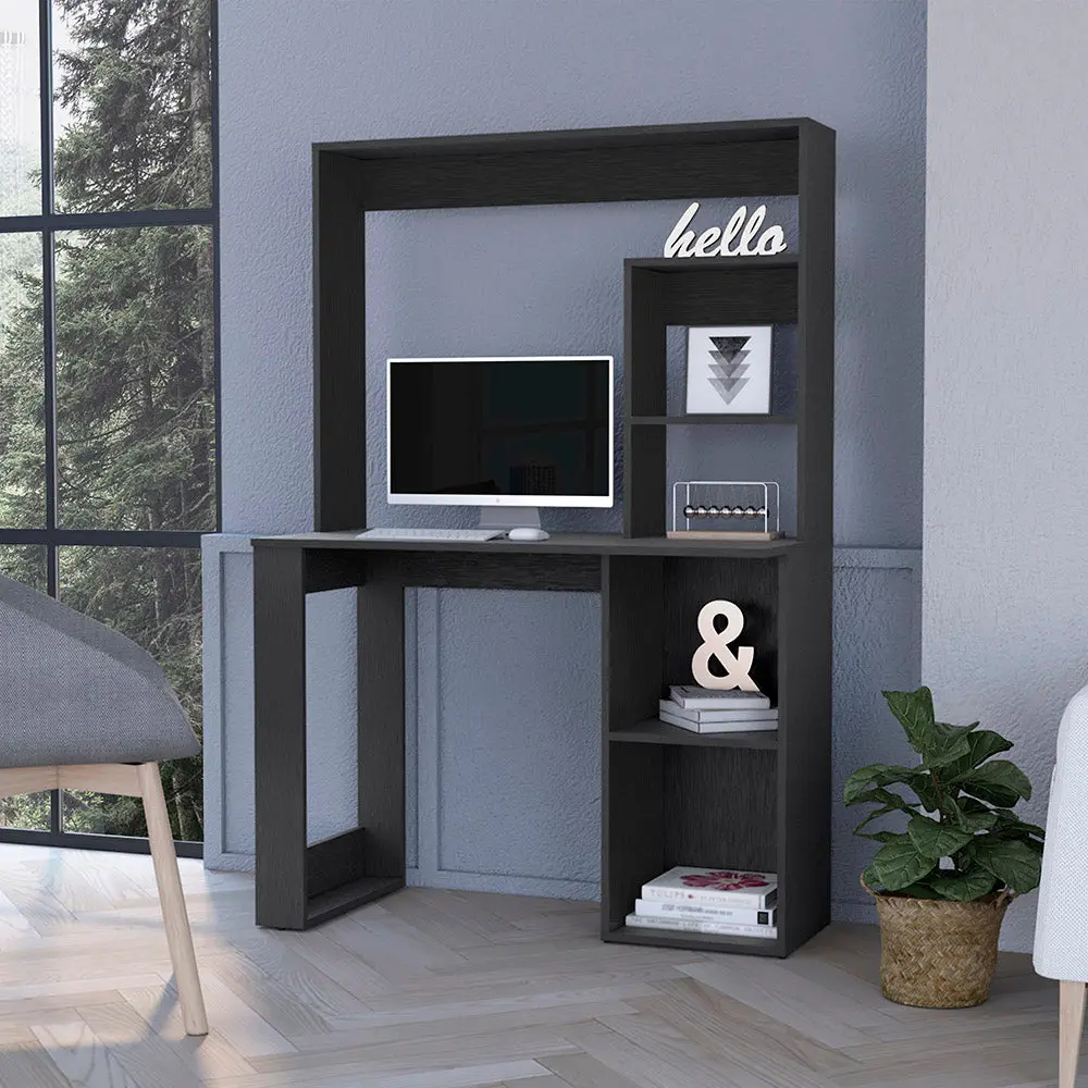 Nokaa Computer Desk with Hutch and Storage Shelves, 38.8"W x 17.7"D Work Surface, Black Particle Board, Rectangular Office Desk for Laptop or Desktop, Home Office Furniture, 5 Shelves, Modern Minimalist Style, Black Color Options, Particle Board M...