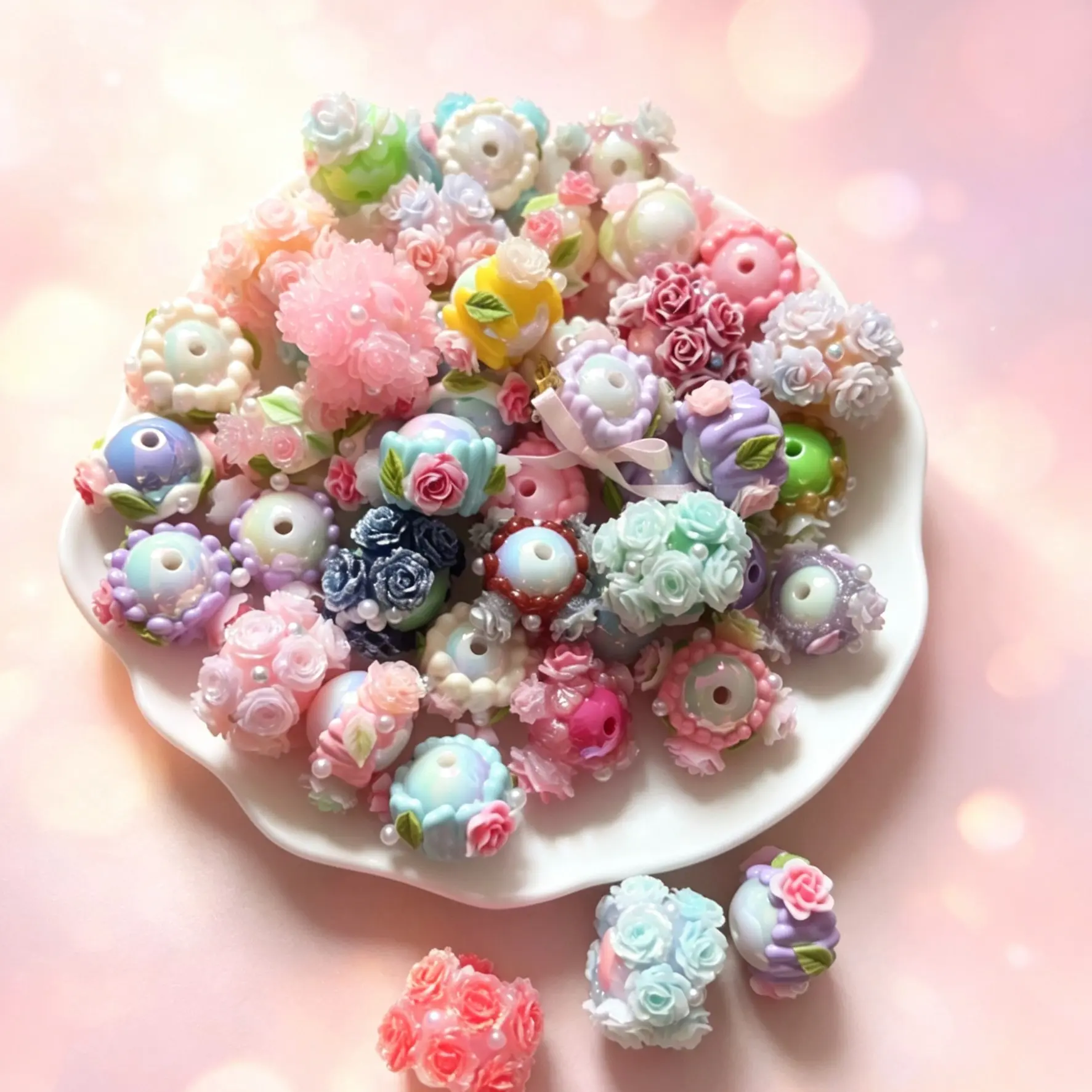 15 Pcs Hand-Painted Beads with 3D Resin Flowers, 16mm Artisan Pony Beads for Bracelet Bag Chain DIY, Mixed Colorful Handmade Wooden Beads