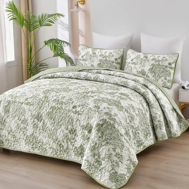 Queen Size Sage Green Botanical Quilt Bedding Set, Soft Lightweight Microfiber 3-Piece Bedding Sets, Floral Bedspread