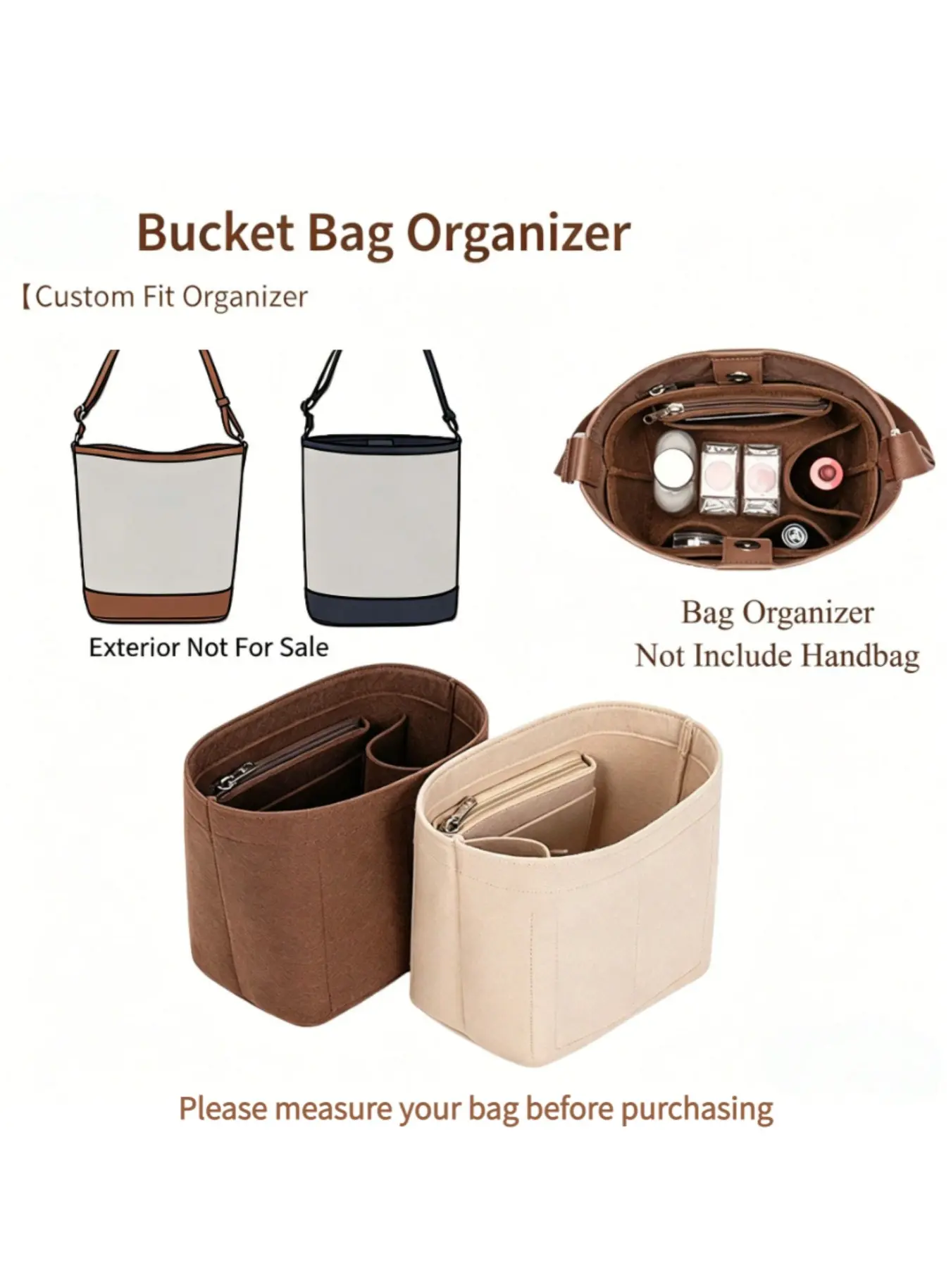 Bucket Bag Liner, Organizer Compartment Inner Lining, Inner Pouch, Bucket Bag Organizer Insert, Protective Padded Insert, Zippered Shape Retainer, All-Season Plain Style, Handbag Organizer, Purse Organizer, Organizing Pouch